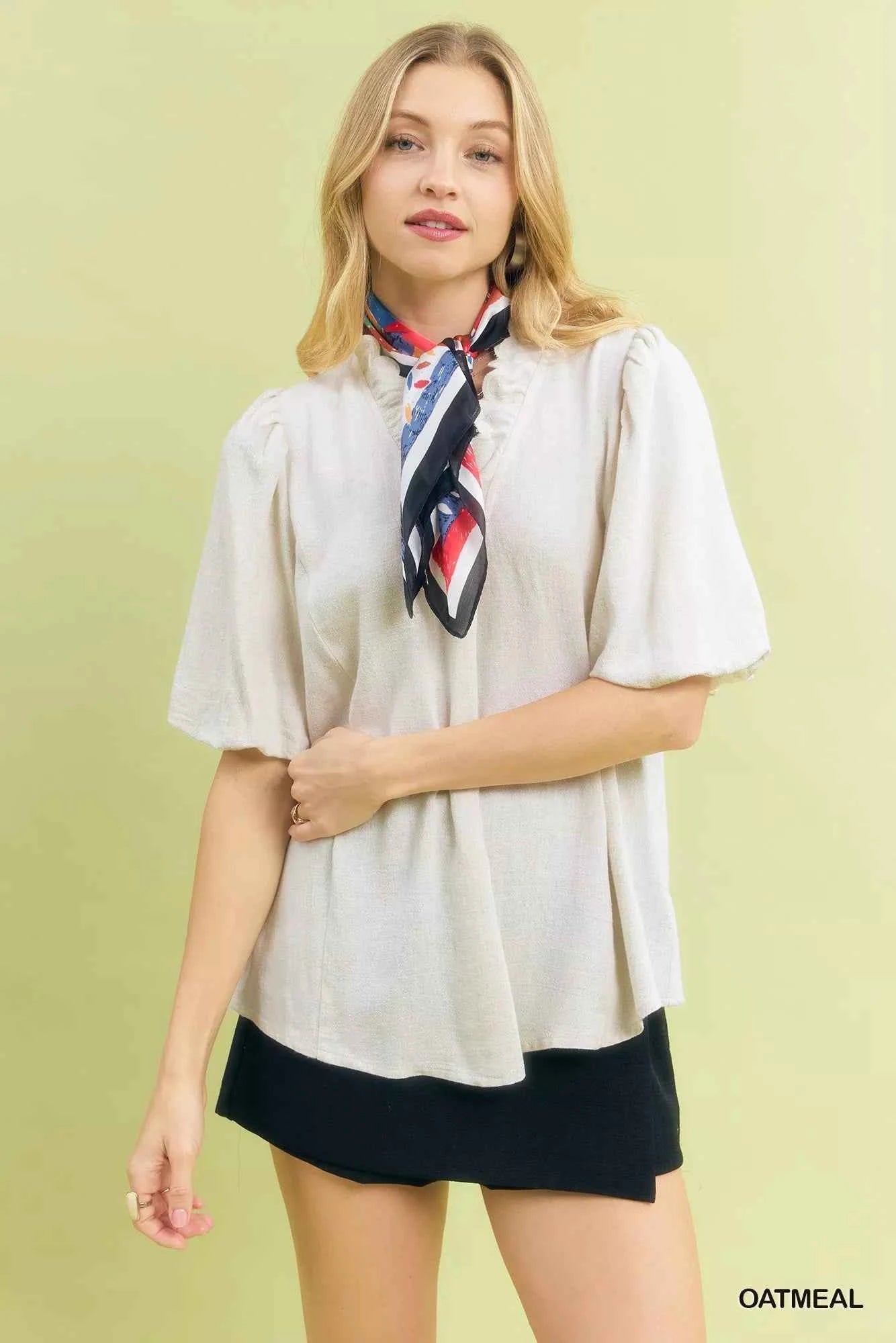 Umgee Linen Scallop Trim V-Neck Blouse OATMEAL ac16b865-abf7-48f9-8ebb-8230a1677335-Max-Origin