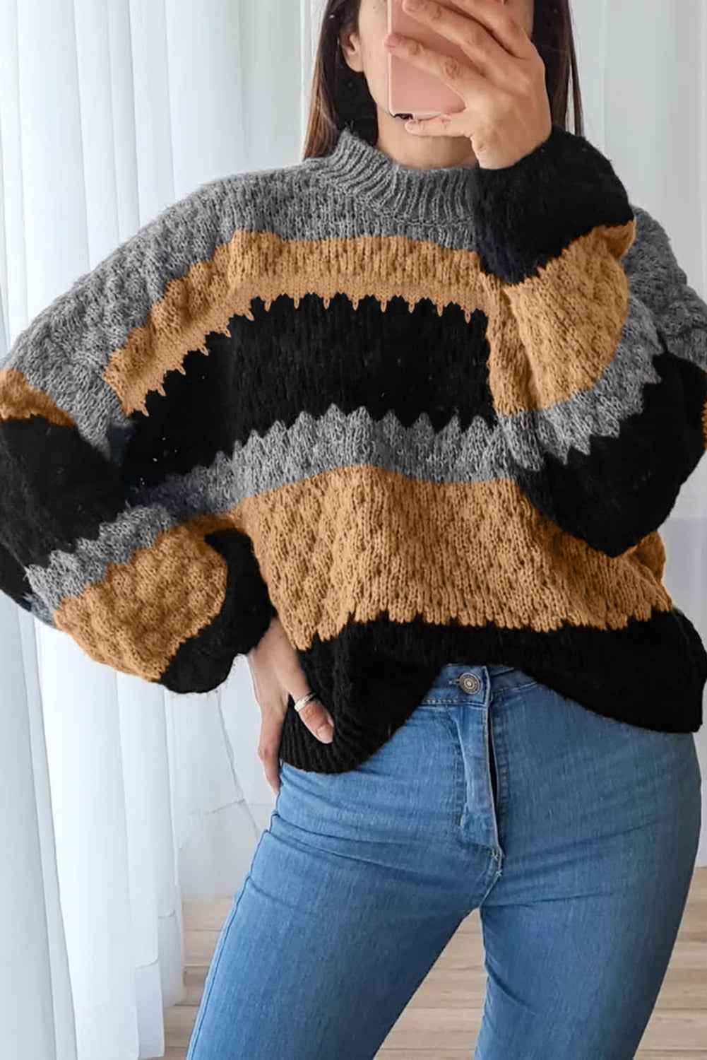 Khaki Colorblock High Neck Baggy Sweater Khaki 65%Acrylic+35%Polyamide ac81181dd458bd12