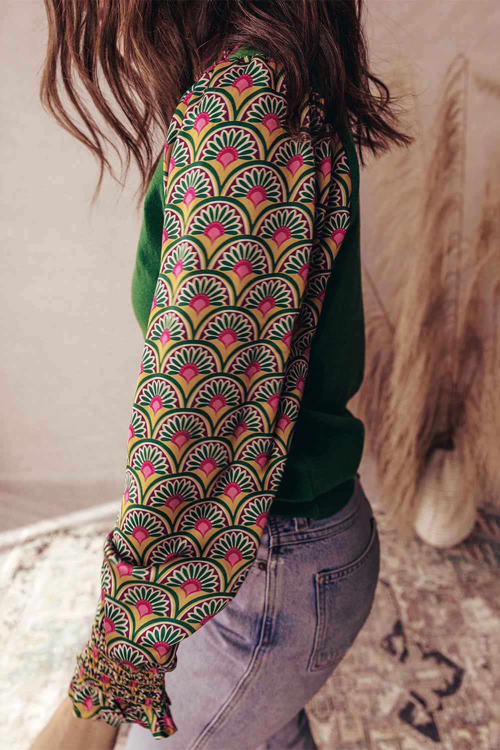 Blackish Green Floral Patchwork Shirred Cuff Puff Sleeve Sweater ac8348b0f4607bb1
