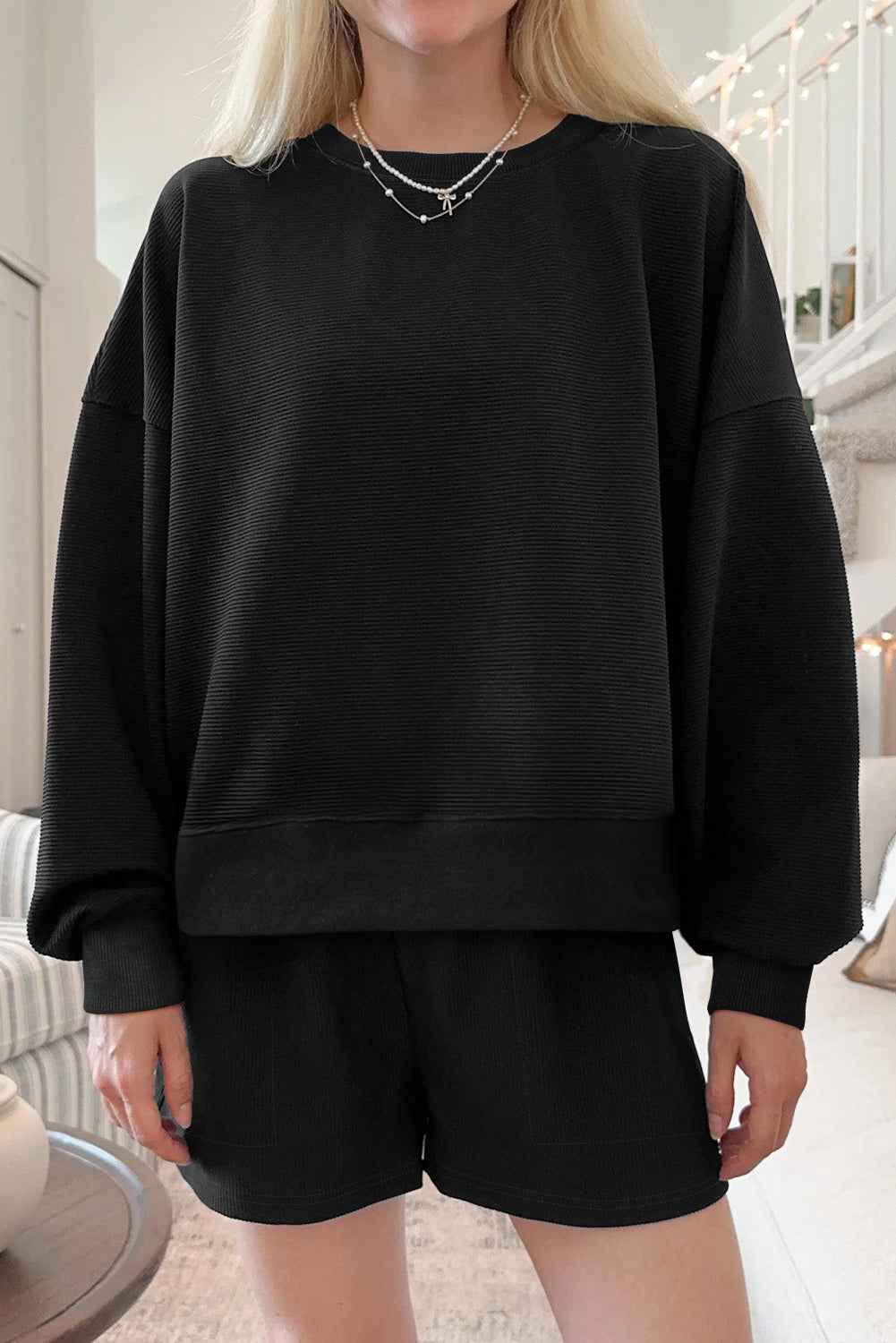 Black Ribbed Texture Baggy Drop Shoulder Pullover and Shorts Set Black 95%Polyester+5%Elastane acad0319a4589696