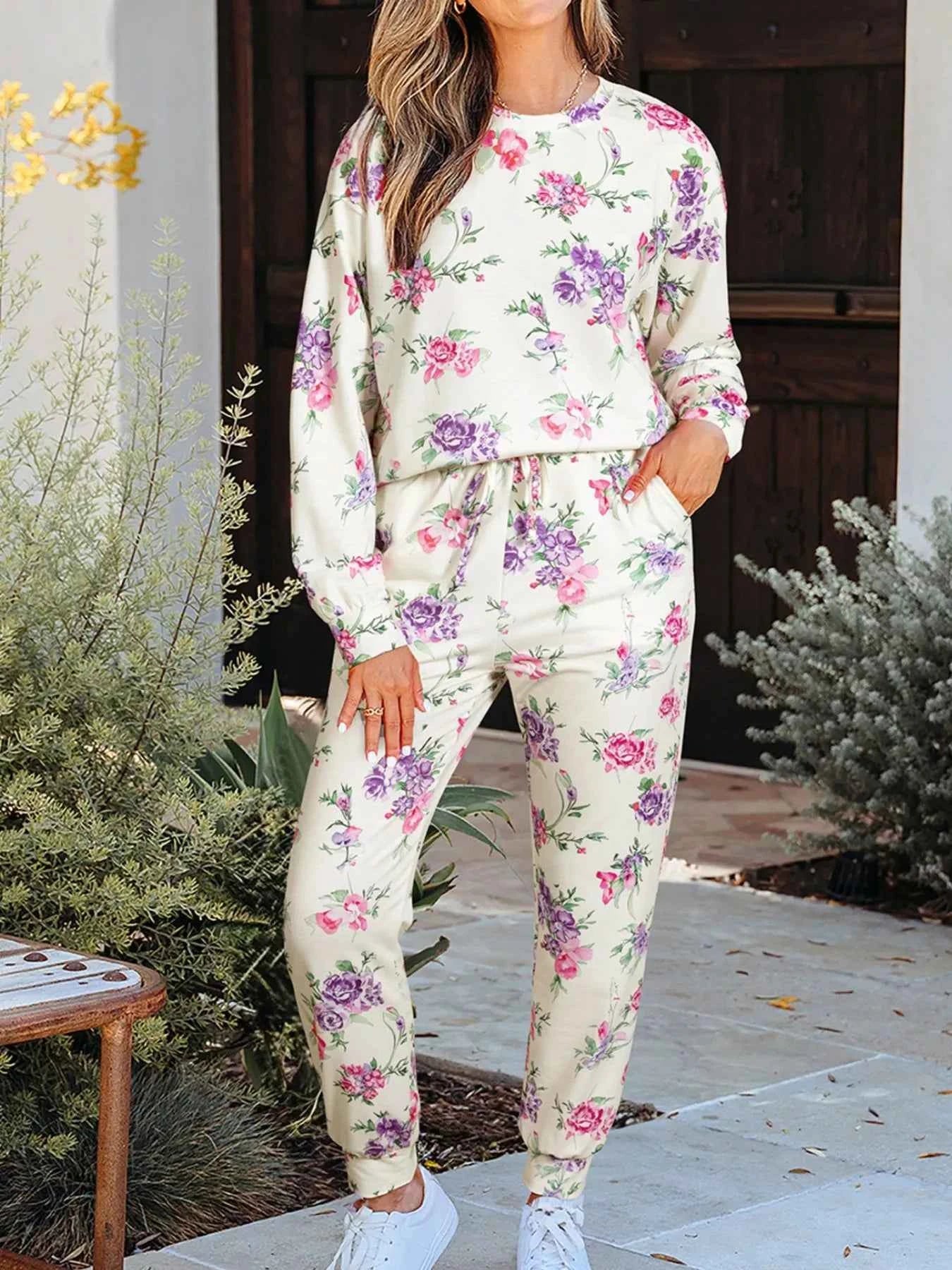 Floral Print Round Neck Top and Drawstring Pants Lounge Set Floral acfd4349-3543-41dc-81ec-55ff4fe67fa2-Max-Origin