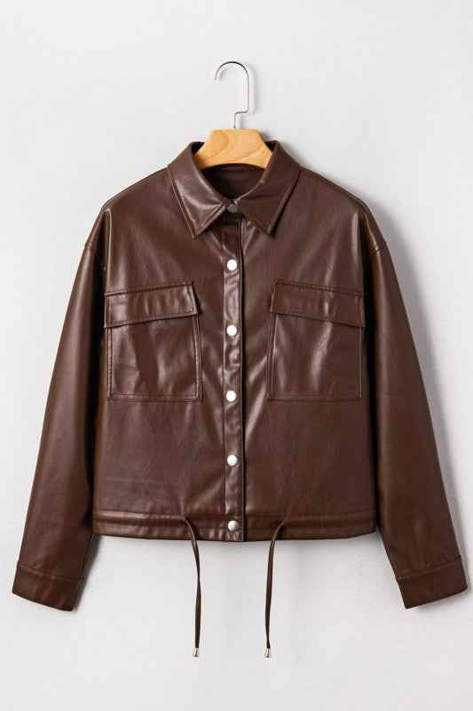 Leather Drawstring Hem Pocketed Jacket acfed9f9-6d89-4df0-a842-e386886c423d