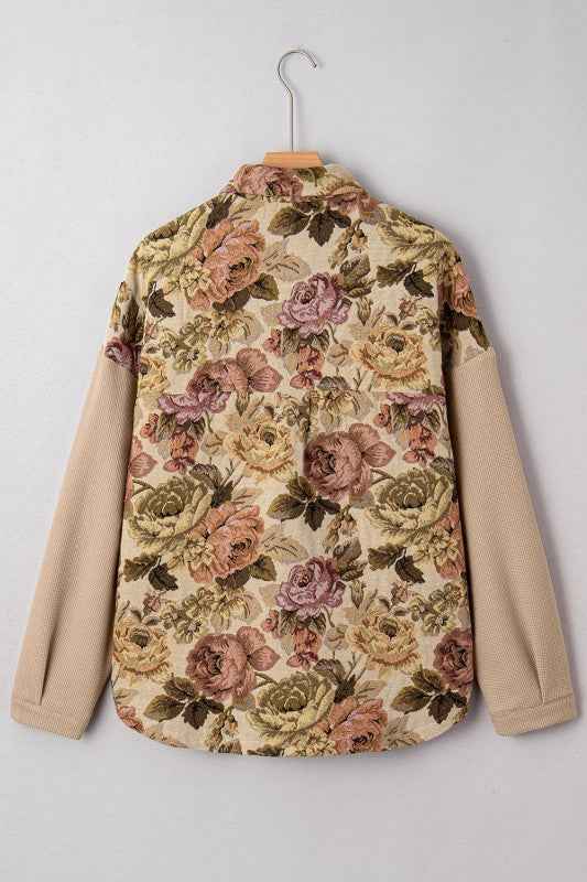 Floral Waffle Knit Patchwork Chest Pocket Buttoned ad391250-df88-44f3-aa03-84d21c0650c8