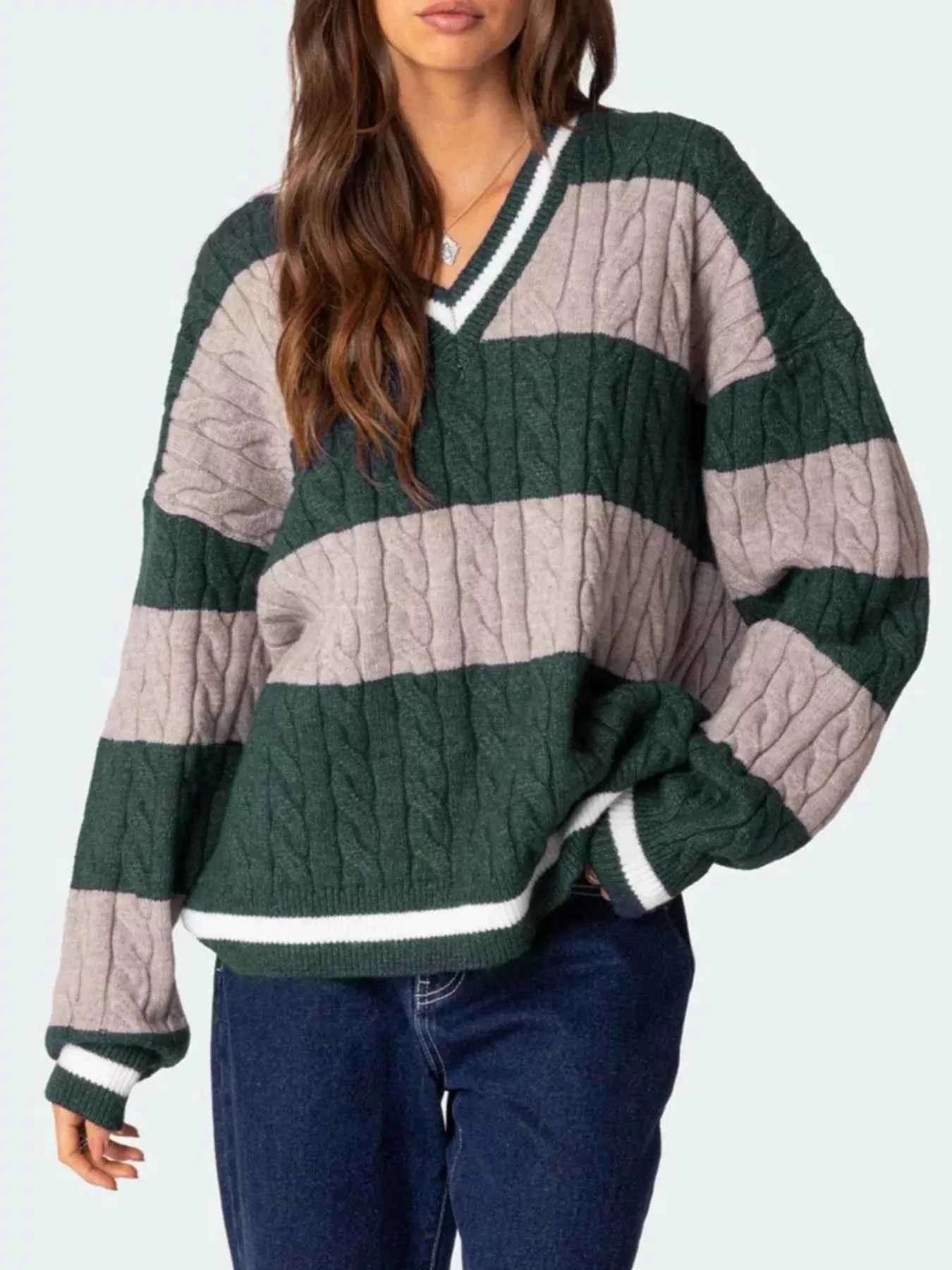 Striped Cable Knit V-Neck Sweater adfc7ce9-ec37-499c-a332-715e2083e069-Max-Origin