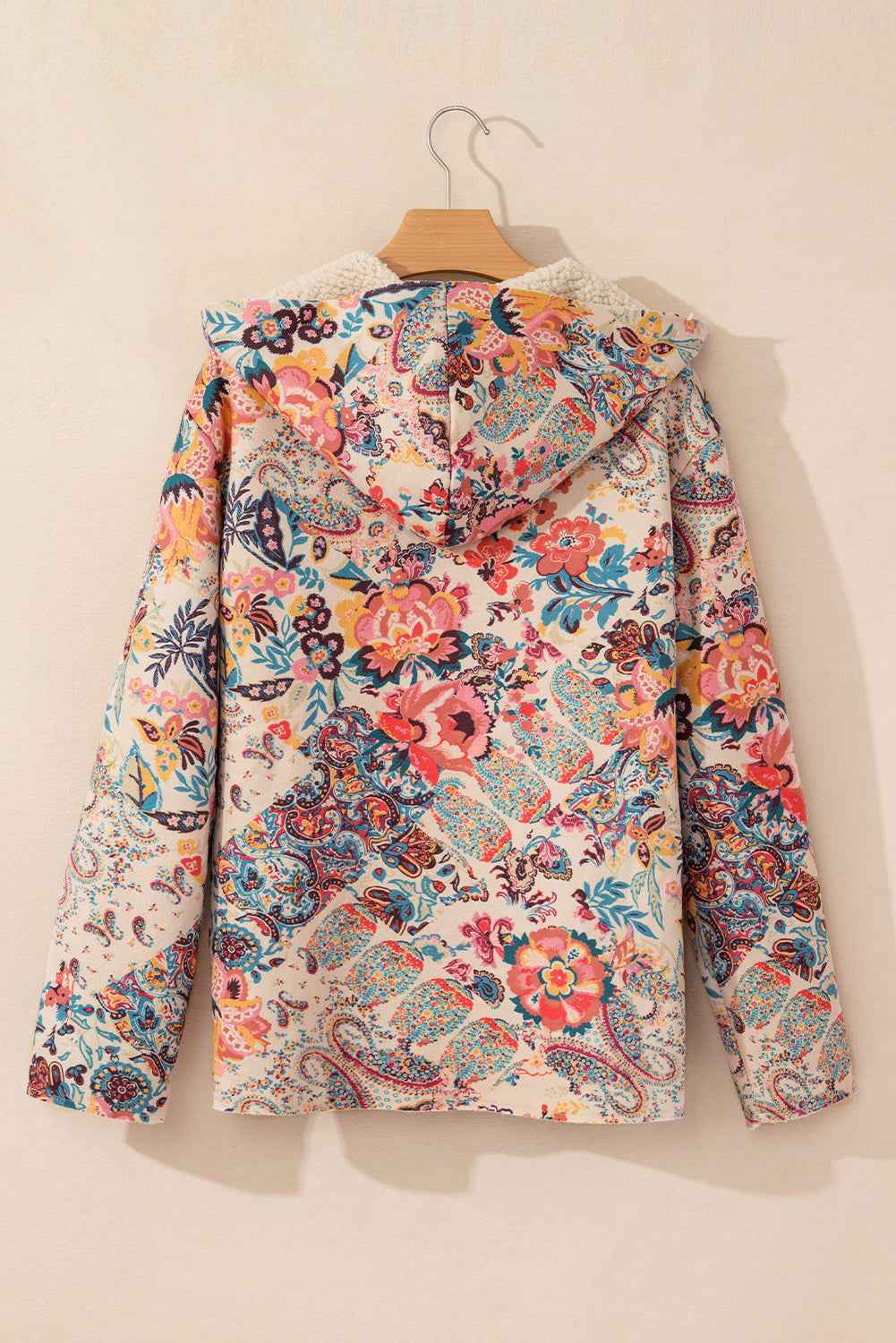 Beige Vintage Paisley Floral Printed Sherpa Lined Hooded Jacket ae0d0444a4f627a9