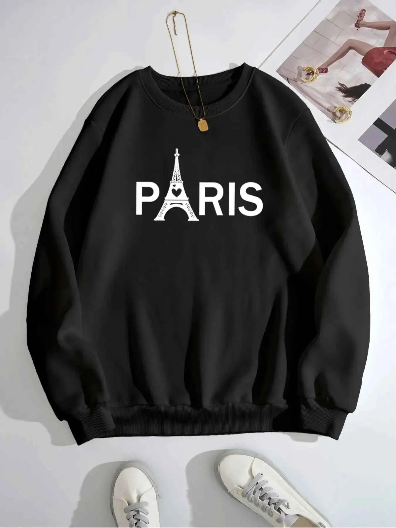 Paris Eiffel Tower Graphic Round Neck Sweatshirt Black ae4f4e85-da8c-4201-9447-072bff1741df-Max-Origin