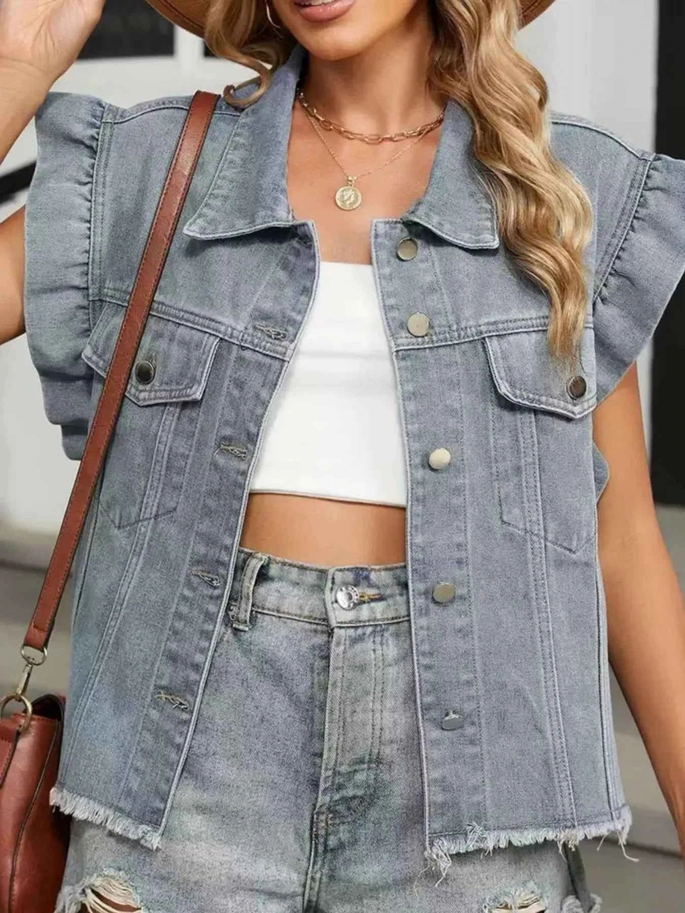 Ruffled Raw Hem Button Up Denim Jacket aef8f978-d373-4b19-be5f-137c6f281bc2-Max-Origin