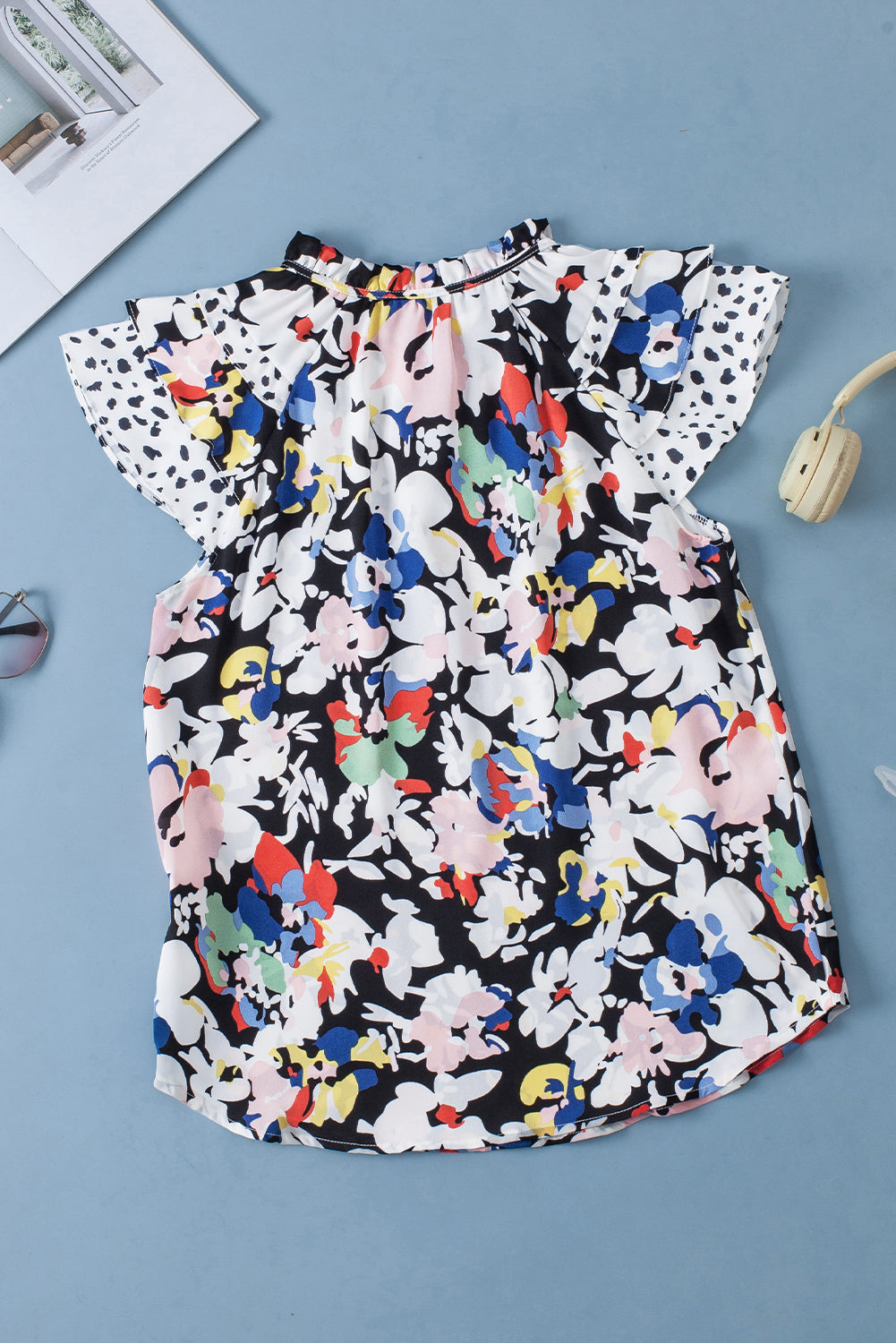 Black Floral Print Ruffle Flutter Sleeve Tied V Neck Blouse af188658cf94c7ab