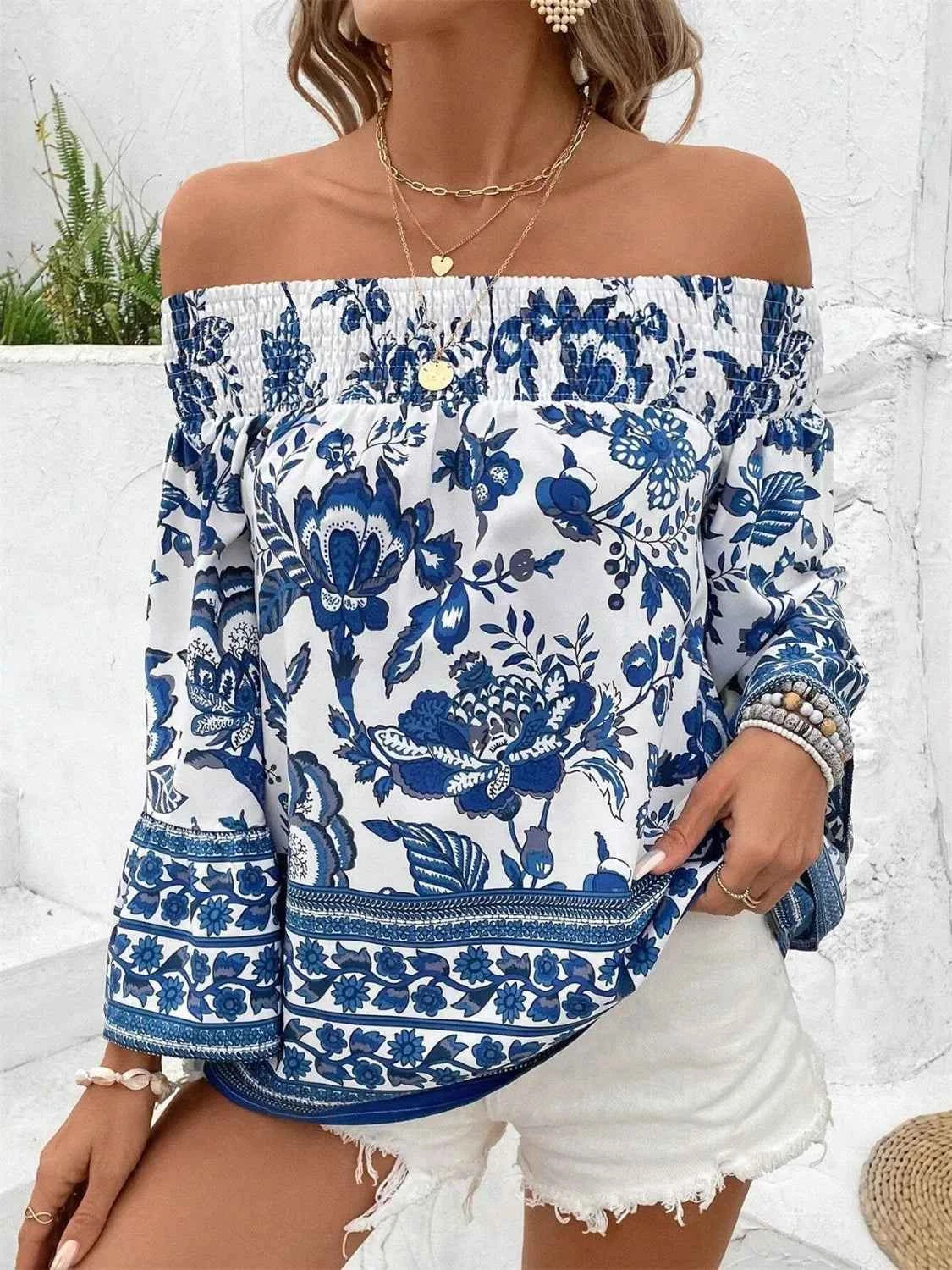 Smocked Printed Off-Shoulder Blouse af4257dc-3e5e-4891-99d6-7df8bb5ec6ec-Max-Origin