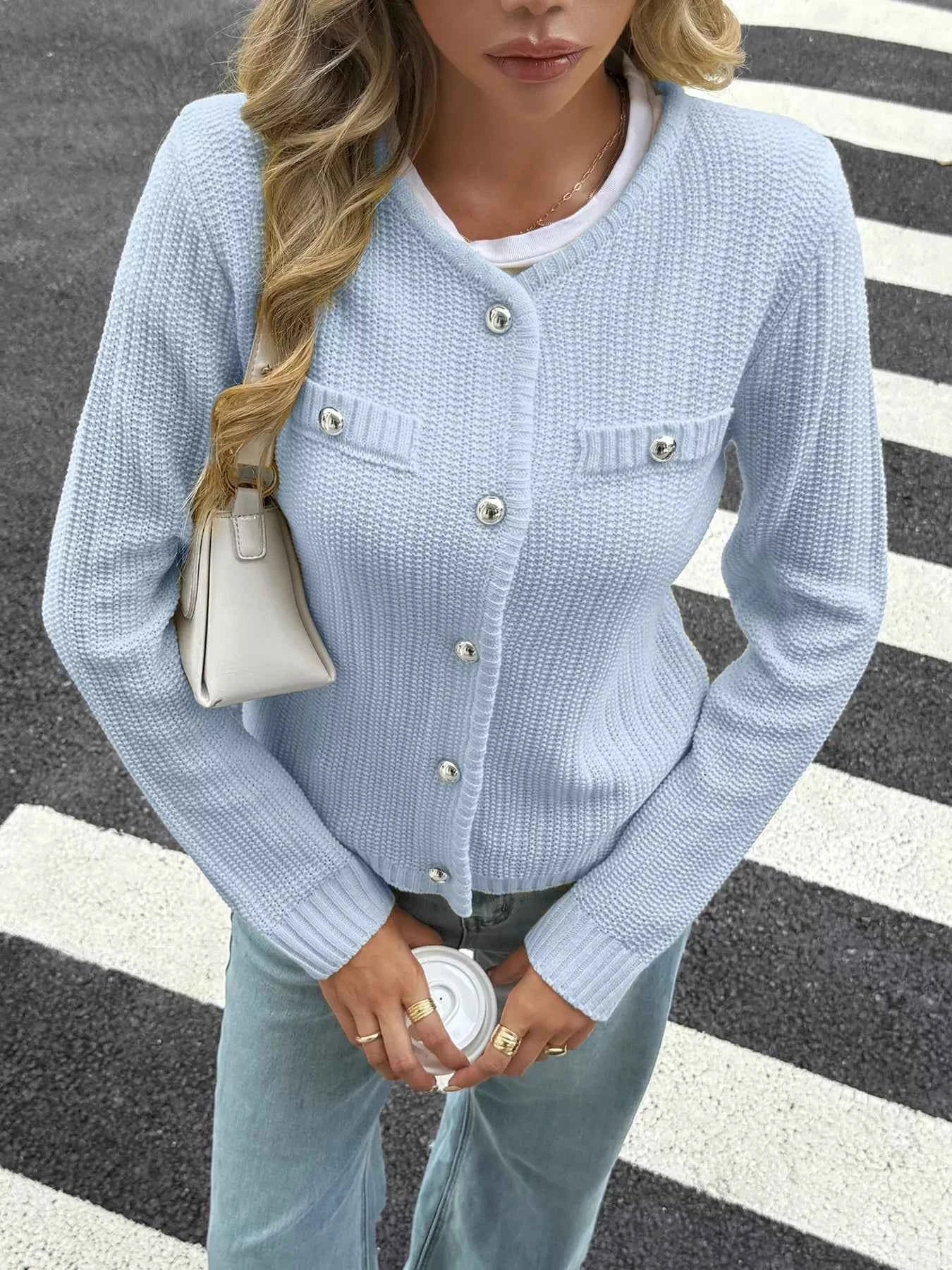 Button-Front Ribbed Long Sleeve Cardigan Blue af7019790f07476b8fbd920630c8b649-Max-Origin
