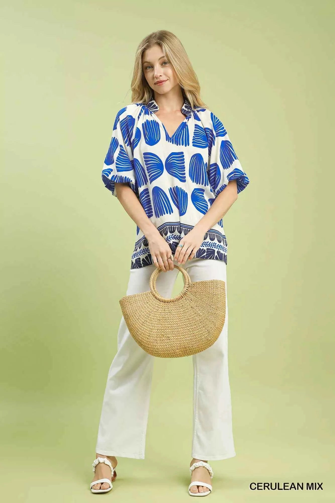 Umgee Shell Block Border Print Puff Sleeve Blouse b06a8123-3df9-4214-a4f7-2507a9b44a9e-Max-Origin