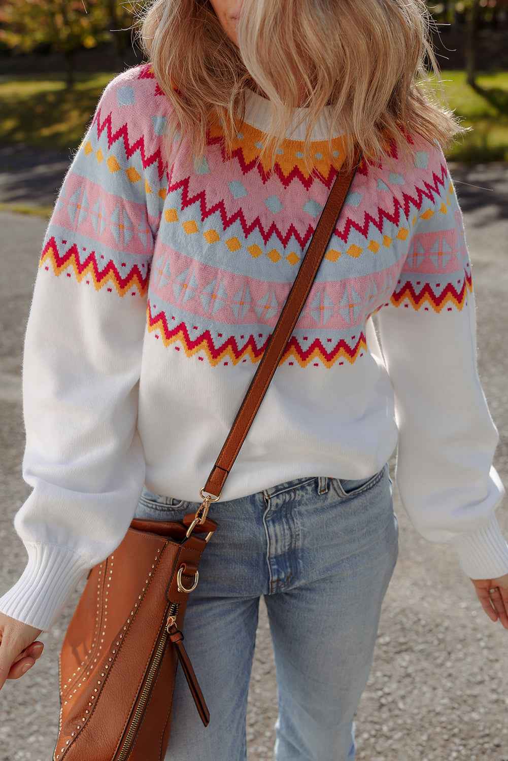 White Ethnic Geometric Colorblock Pattern Drop Shoulder Sweater b10bbead39a8b7ee
