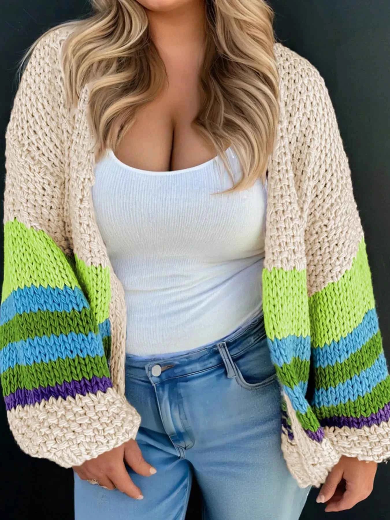Plus Size Color Block Crochet Open Front Cardigan b10dc53628d74f12a6cbd7ed628c0d58-Max-Origin