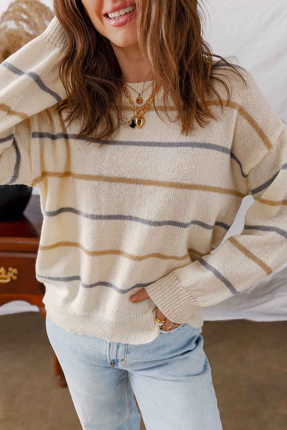 Multicolour Striped Ribbed Edge Drop Shoulder Sweater b10e51d7ee62a67c