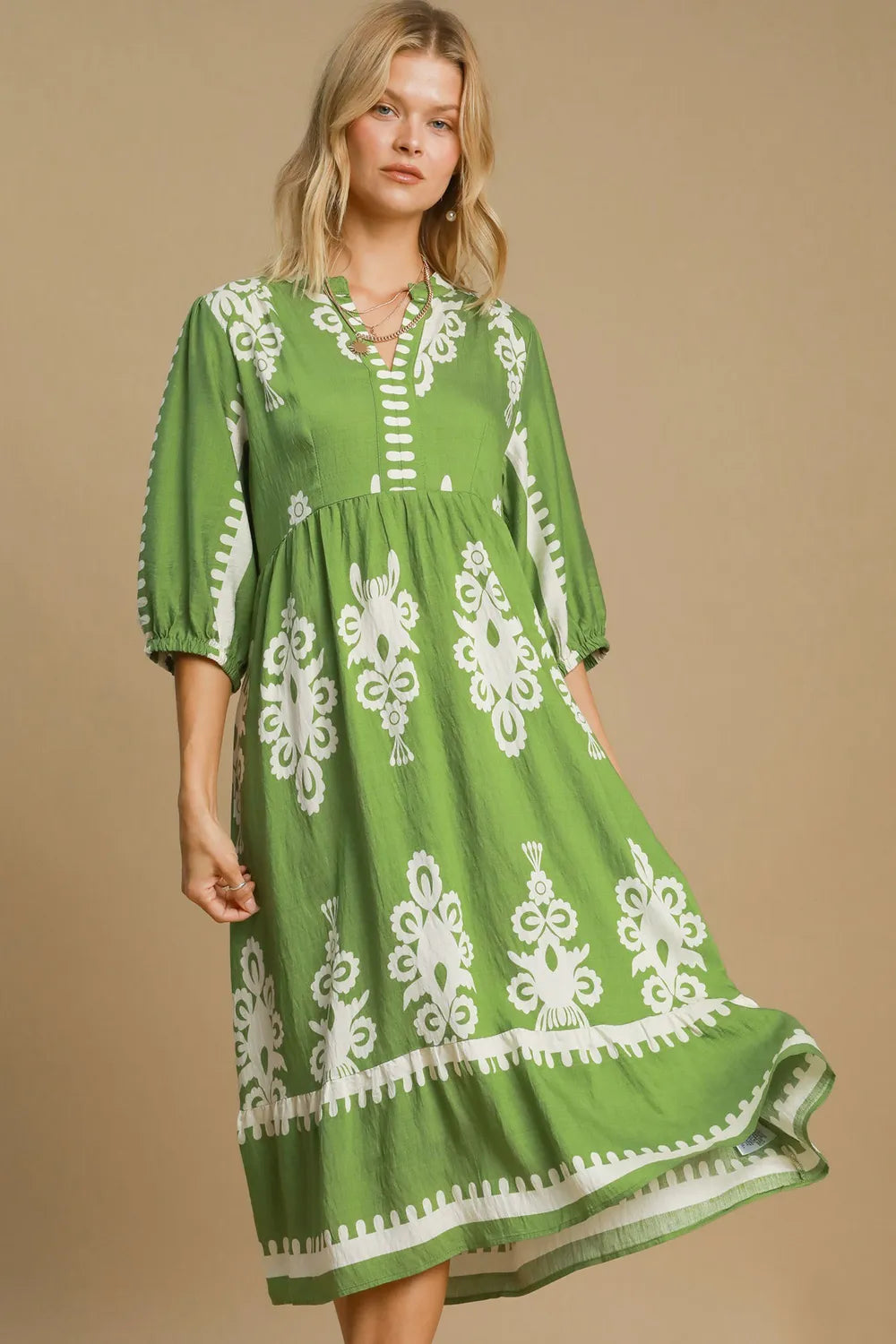 Umgee Printed Notched Midi Dress Lime b199b924-b103-4459-8012-9b7f7a77a37a-Max