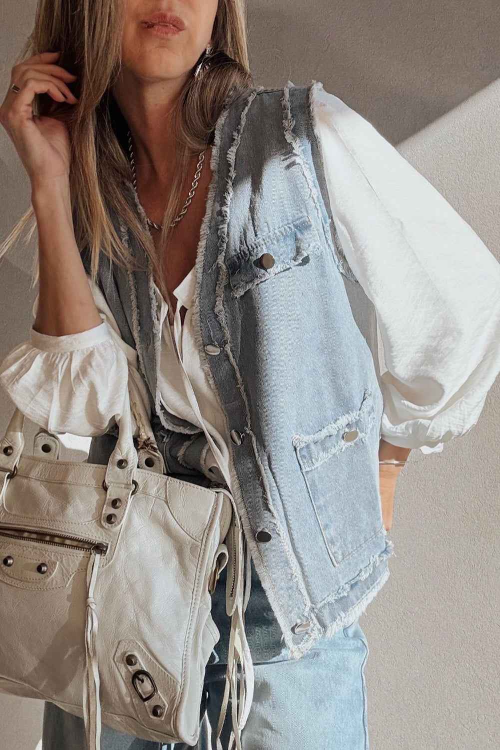 Beau Blue Frayed Edge Flap Pockets Denim Vest Jacket b1b4d88fe8976aa3