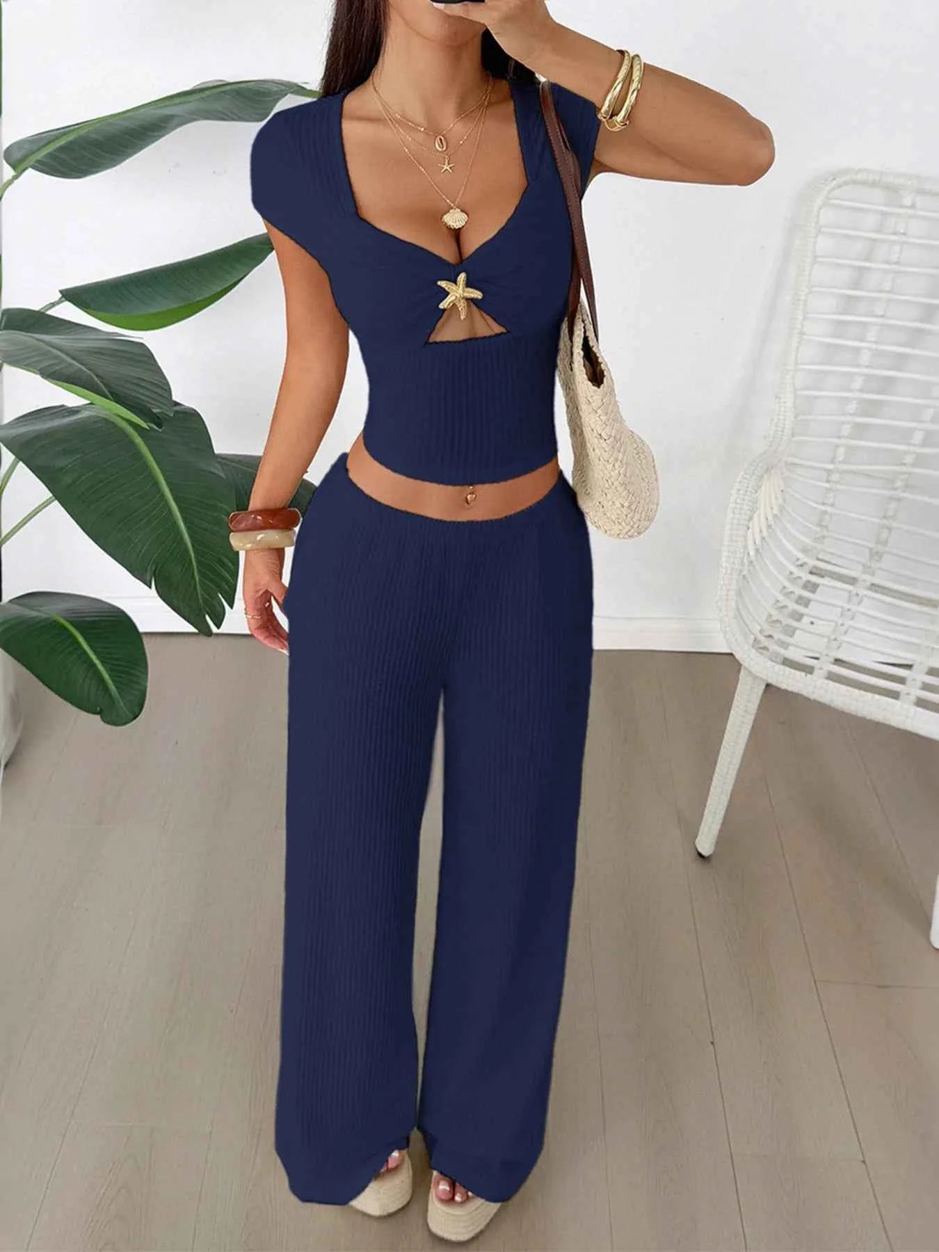 Cutout Short Sleeve Top and Pants Set Navy b1d020172a484927a218226e84afae5b-Max-Origin