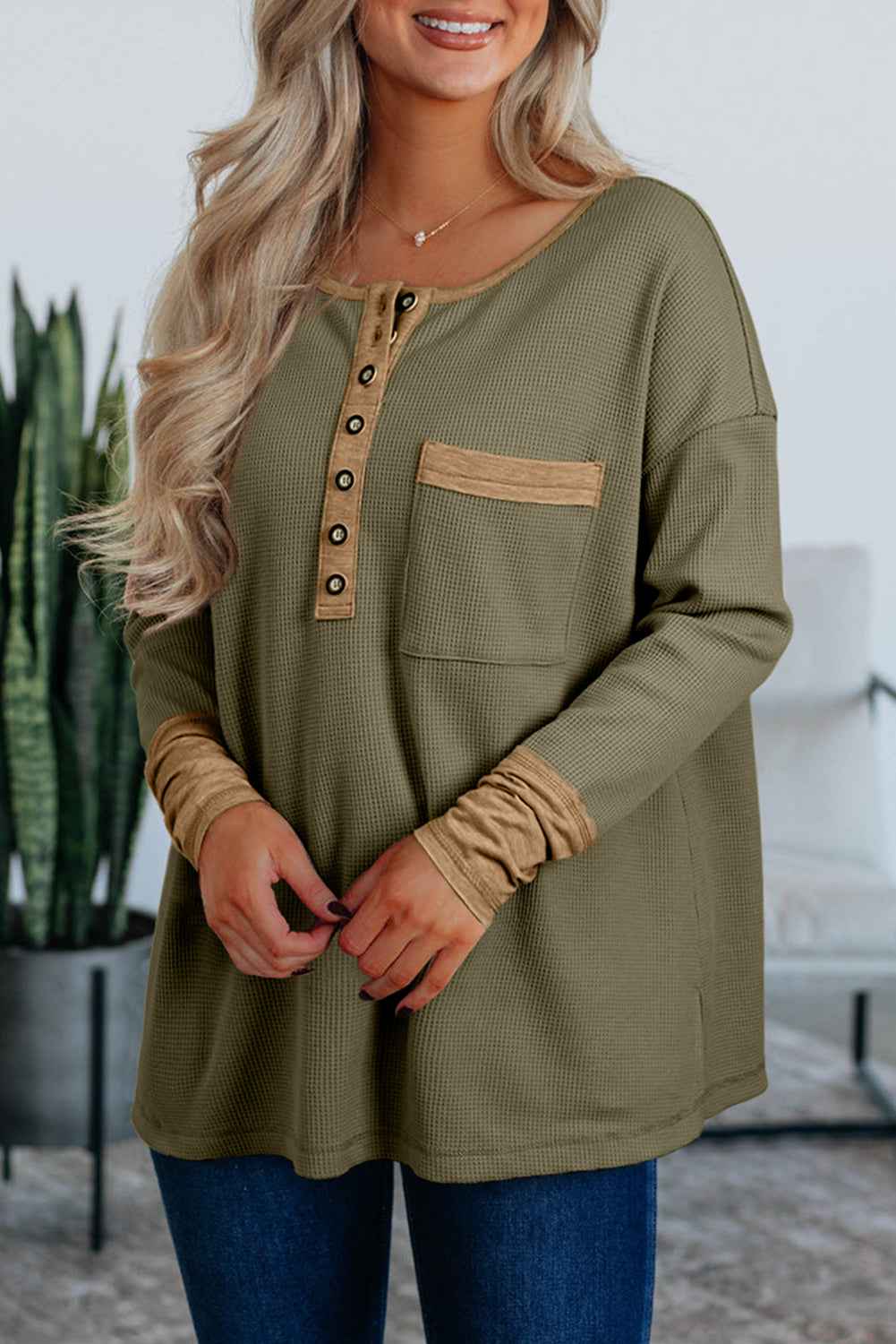 Vineyard Green Waffle Textured Patchwork Tunic Henley Top Vineyard Green 75%Polyester+25%Cotton b1ed194509583a01