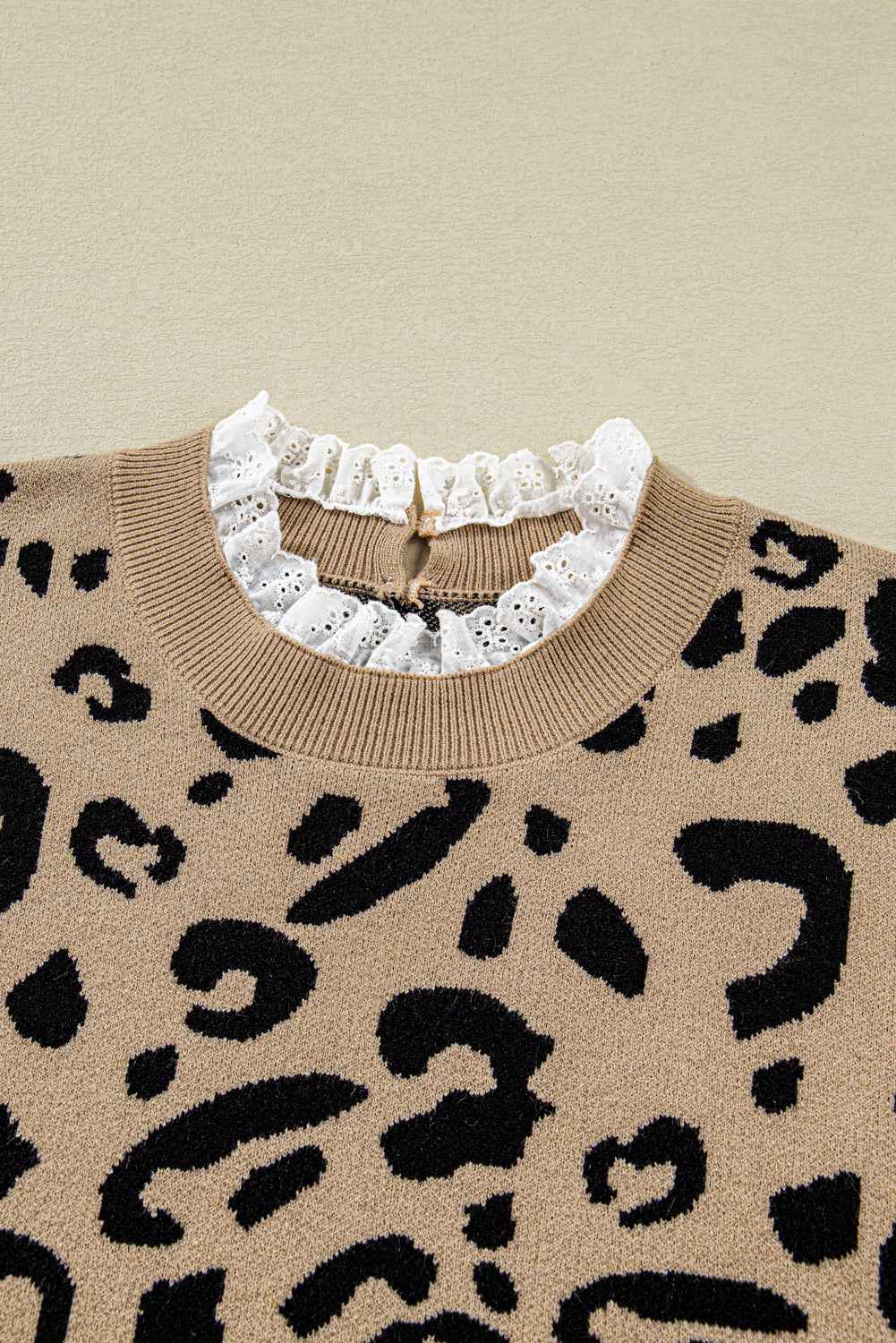 Brown Leopard Knitted Lace Trim Cuffed Plus Size Sweater b20864a11e3c20b2