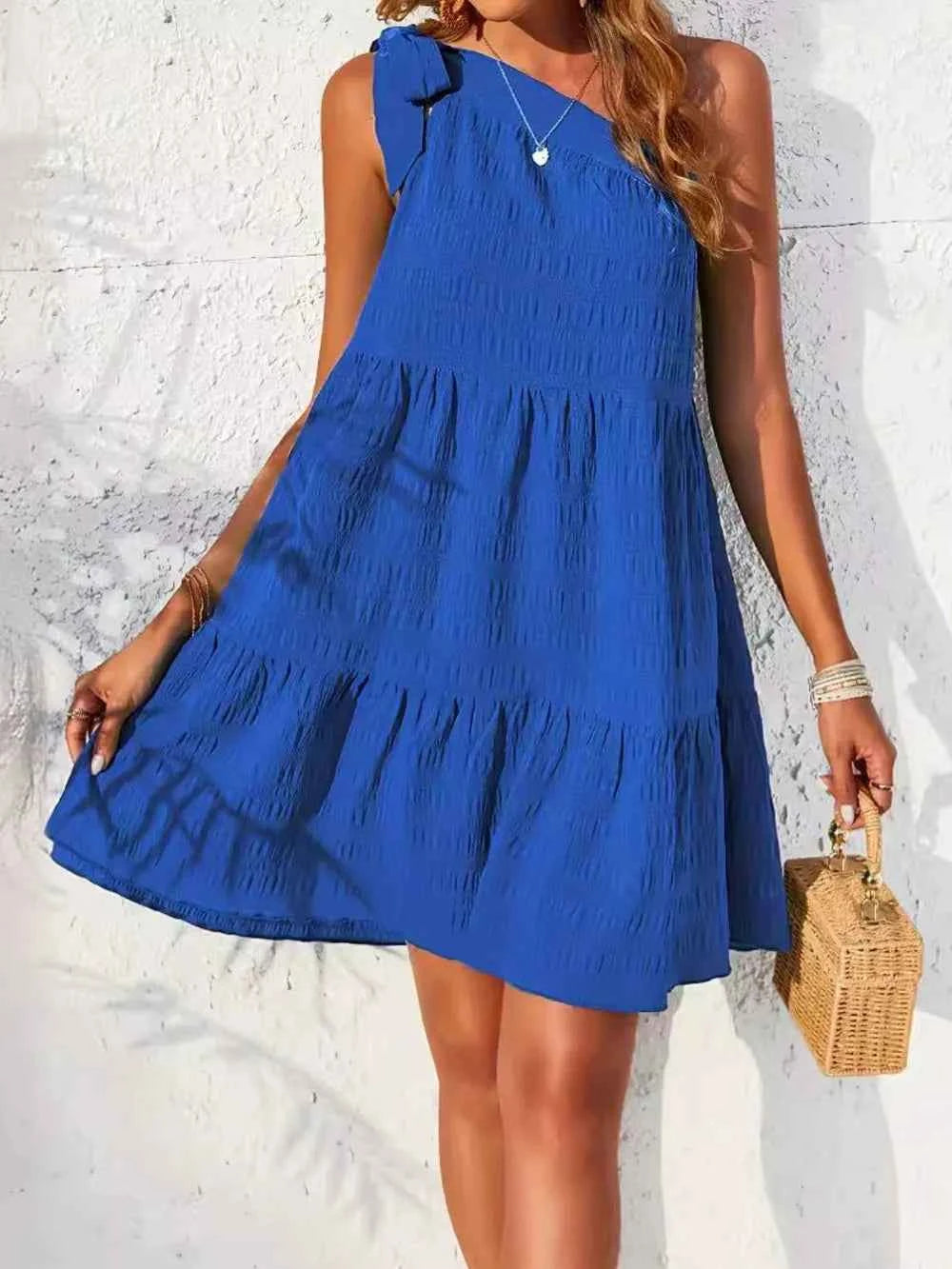 Textured Tied Single Shoulder Mini Dress Royal Blue b25ff33a-b2f8-4e5a-ae6b-12136ce567d2-Max