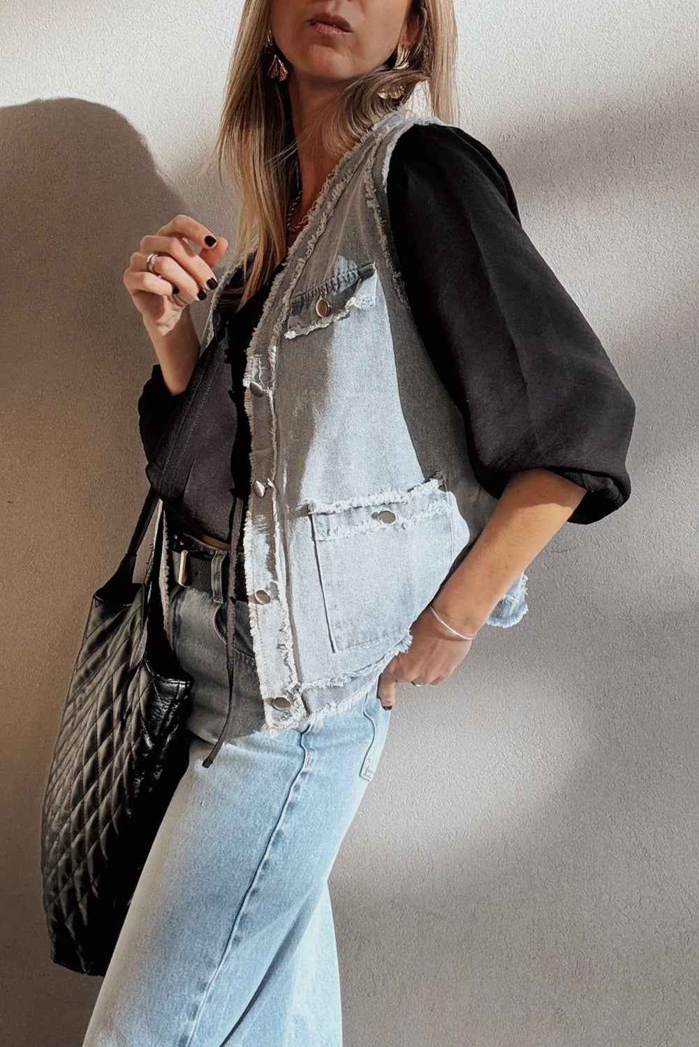 Beau Blue Frayed Edge Flap Pockets Denim Vest Jacket b27734a114459085