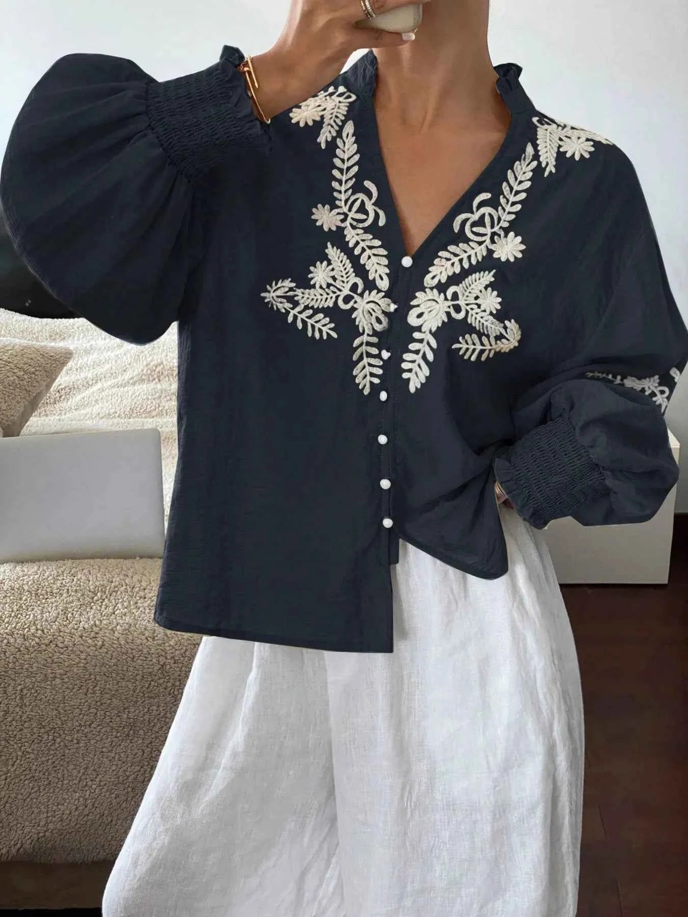 Embroidered Lantern Sleeve Blouse Navy b2b2b946bdeb46bbb3ffb23ca76bc559-Max-Origin