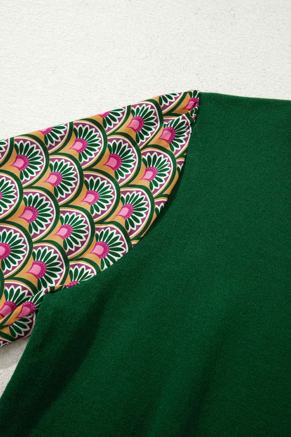 Blackish Green Floral Patchwork Shirred Cuff Puff Sleeve Sweater b2eb67345aca1920