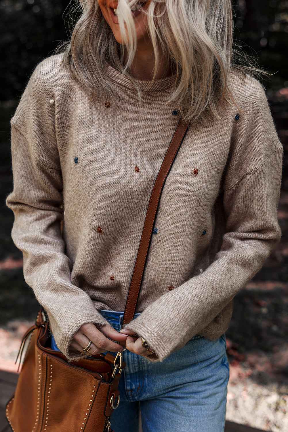Gray Morn Contrast Colored Dot Detail Drop Shoulder Sweater b2ef6cddb3b330a2