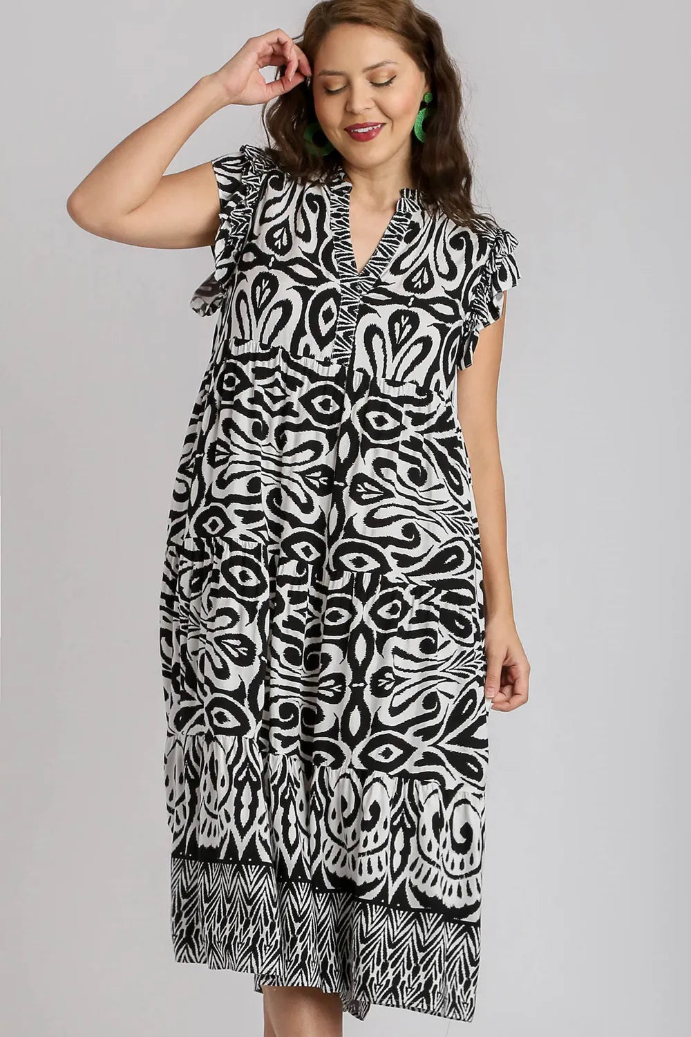 Umgee Full Size Two Tone Border Print Ruffle Cap Sleeve Midi Dress Plus Size b30d9b09-a1f7-4aa9-a310-e0023477e645-Max