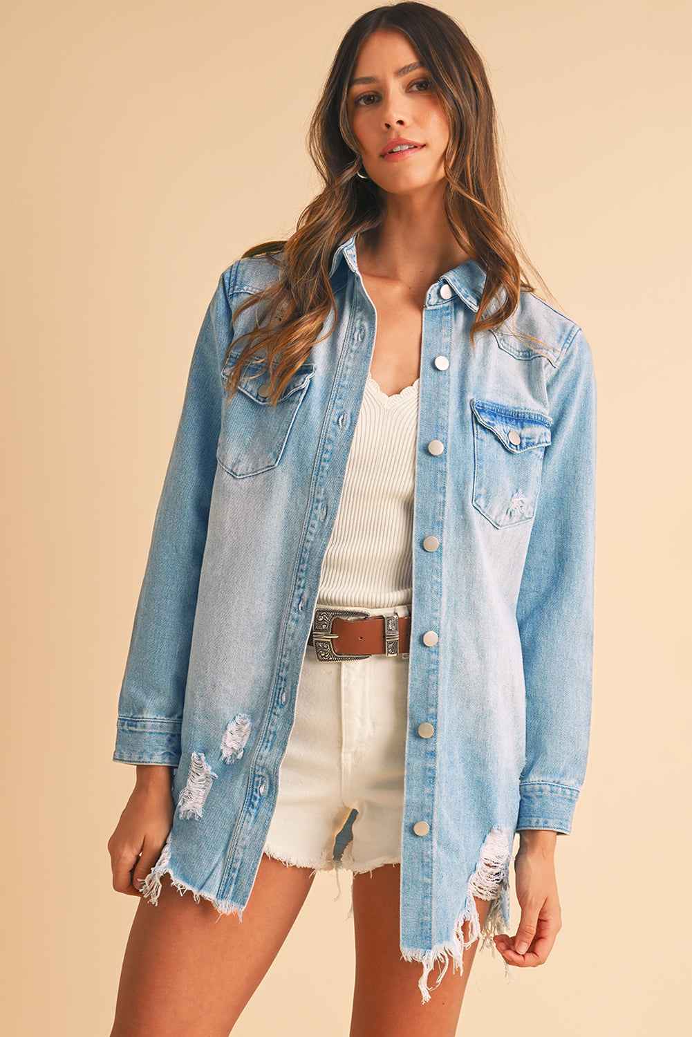 Beau Blue Light Wash Distressed Frayed Long Denim Shacket b3163a59a7ab5964