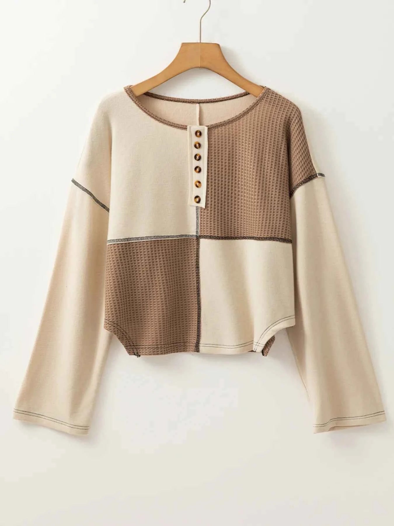 Color Block Waffle Knit Stitch Detail Long Sleeve Top b328db9570f4421c9f04c55477416005-Max-Origin