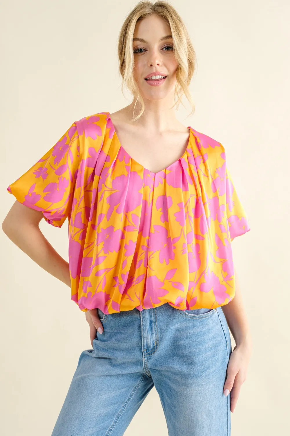 And The Why Full Size Printed Satin Bubble Hem Top Citrus b3851e9b-a36c-45c1-90d9-8cfacb644d37-Max