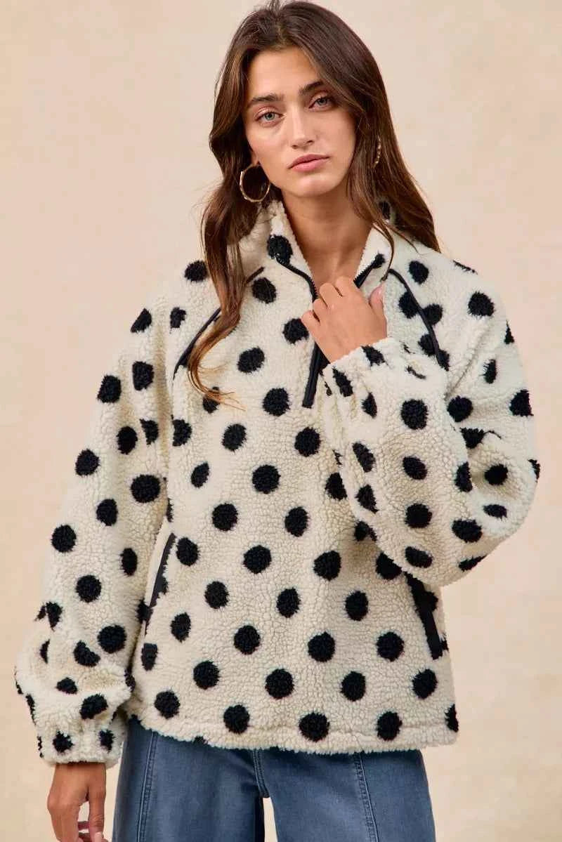 BiBi Polka Dot Sherpa Half Zip Up Top with Side Pocket b4aabf29-fffb-4f42-8495-f4d4d8c1cedb-Max-Origin