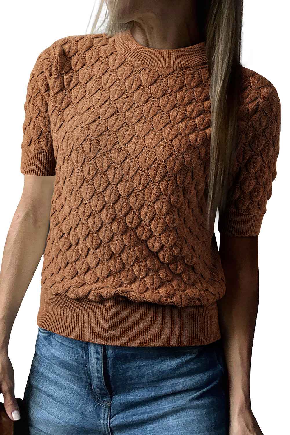Straw Yellow Fish Scale Textured Knit Ribbed High Neck Short Sleeve Sweater b4c35875e42d6fb0