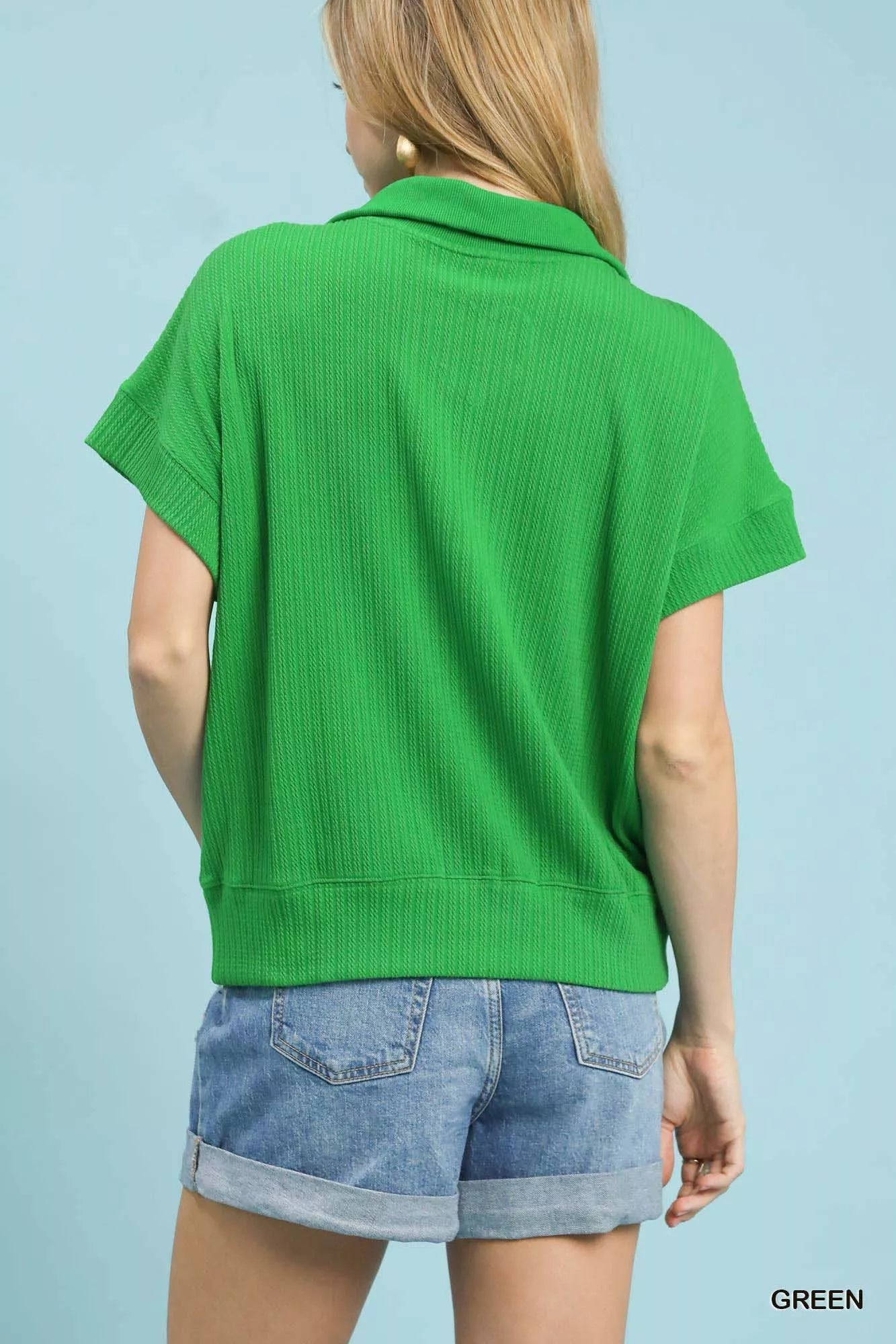 Umgee Textured Striped Zip Collar Knit Top b51324af-f922-440b-aa9f-d91c49729a4d-Max-Origin