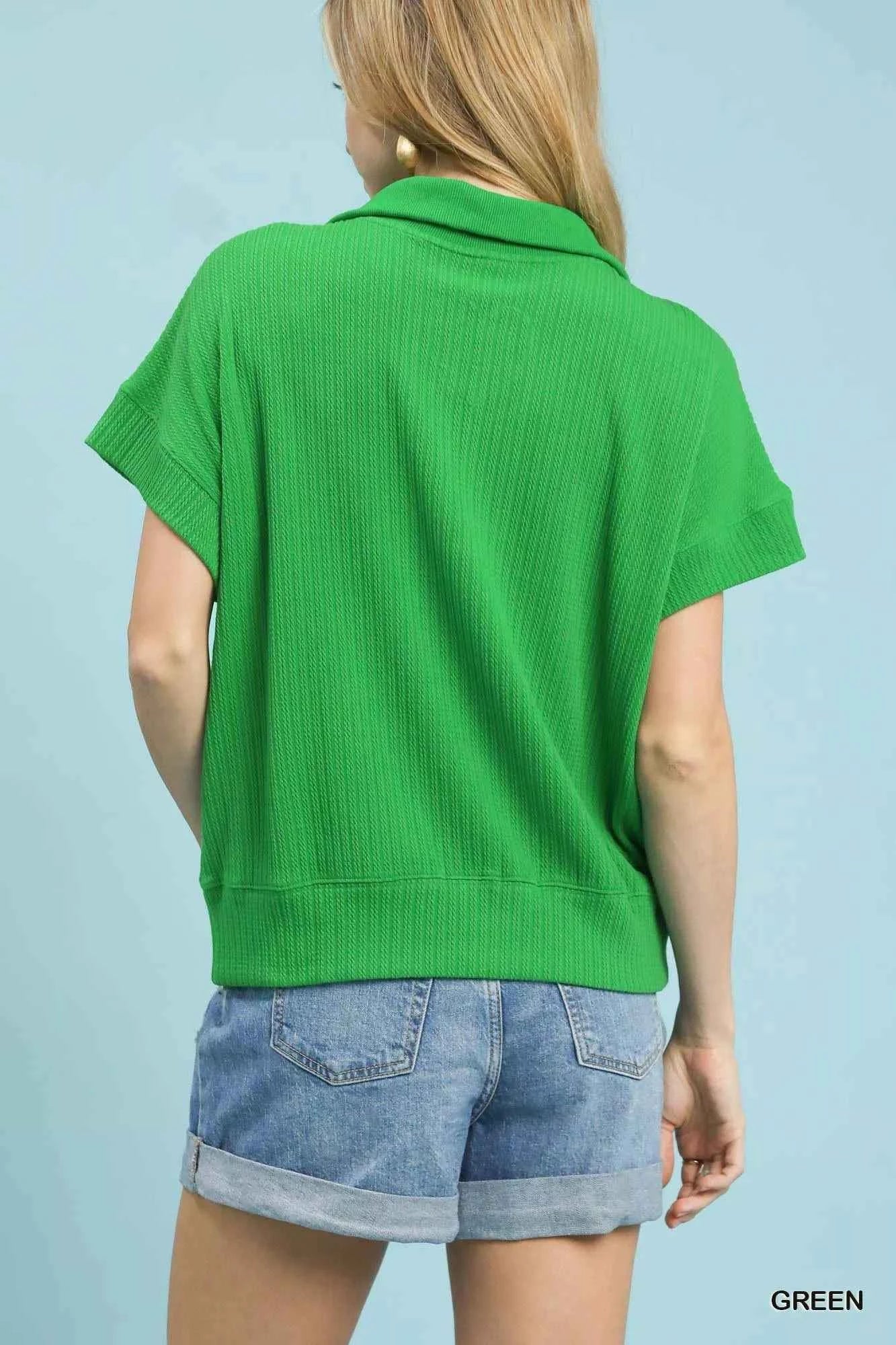 Umgee Textured Striped Zip Collar Knit Top b51324af-f922-440b-aa9f-d91c49729a4d-Max-Origin