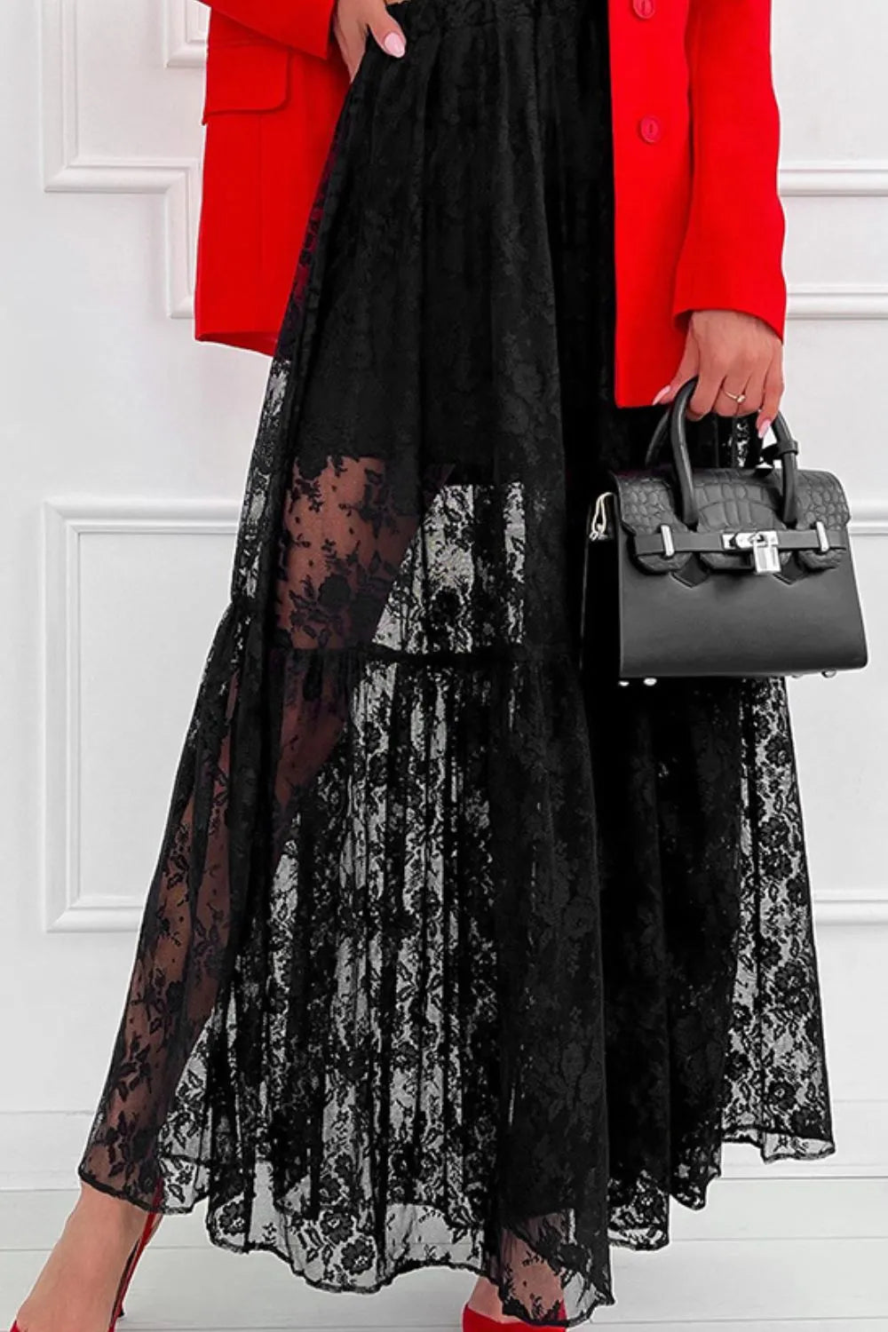 Lace Elastic Waist Maxi Skirt Black b5975bd2-0466-4bdc-879b-d4800963d4cf-Max