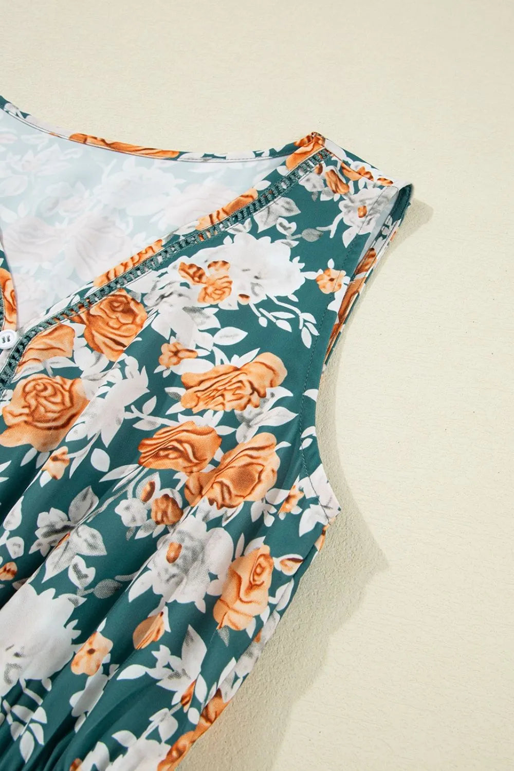 Floral Print Trimmed V Neck Tie Waist Sleeveless Dress b59b3e29-6a7a-424e-9268-ab991612879c-Max-Origin