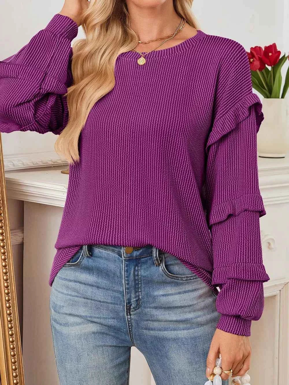Round Neck Ruffled Long Sleeve Sweatshirt b6074c2b36654e16b99dd749750133c2-Max