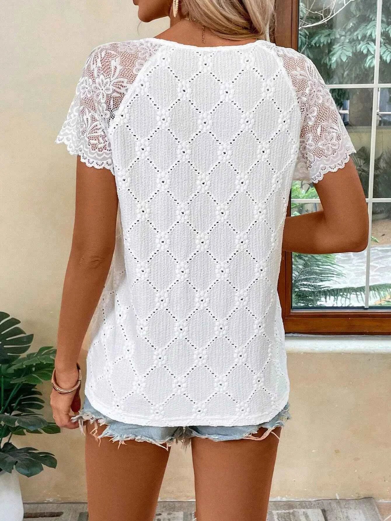 Lace Trim Eyelet Embroidered V-Neck T-shirt b61a8b6ec4d349ef8c9f56c28e4629ec-Max-Origin