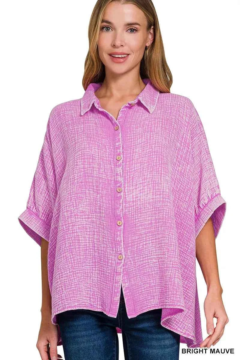 Zenana Washed Double Gauze Button Down Half Sleeve Shirt b64c115e9ad9492e899ffb7e967a3584-Max-Origin