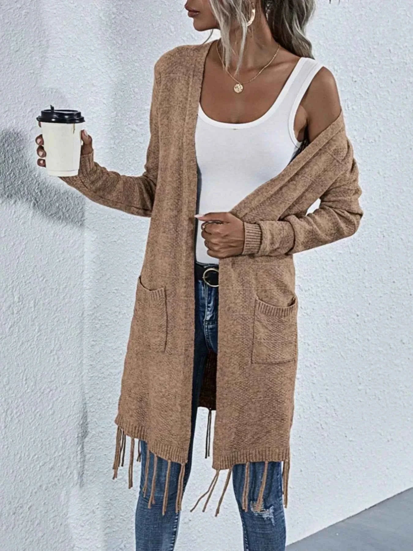 Open Front Fringe Longline Cardigan with Pockets Mocha b6d0e979-f16c-44d4-bb52-023c842b1175-Max-Origin