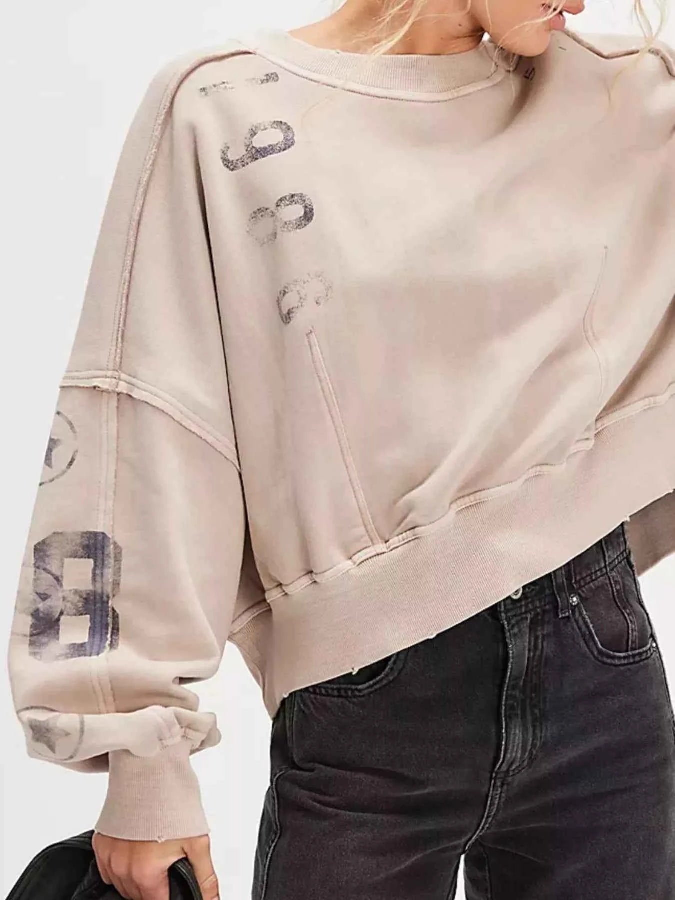 Printed Round Neck Dropped Shoulder Sweatshirt Khaki b709057f-413c-44fd-8b13-85e04abf36ed-Max-Origin