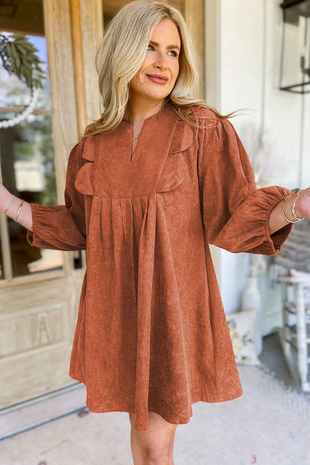 Moss Green Split Neck Scallop Detail Pleated Corduroy Mini Dress b7128a0c5a67aaca