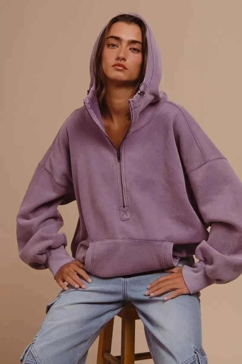 BiBi Stitch Detailed Elastic Hem Half Zip Fleece Hoodie b76ec822-b4cf-48f8-a8d3-d4e58f2799c9-Max-Origin