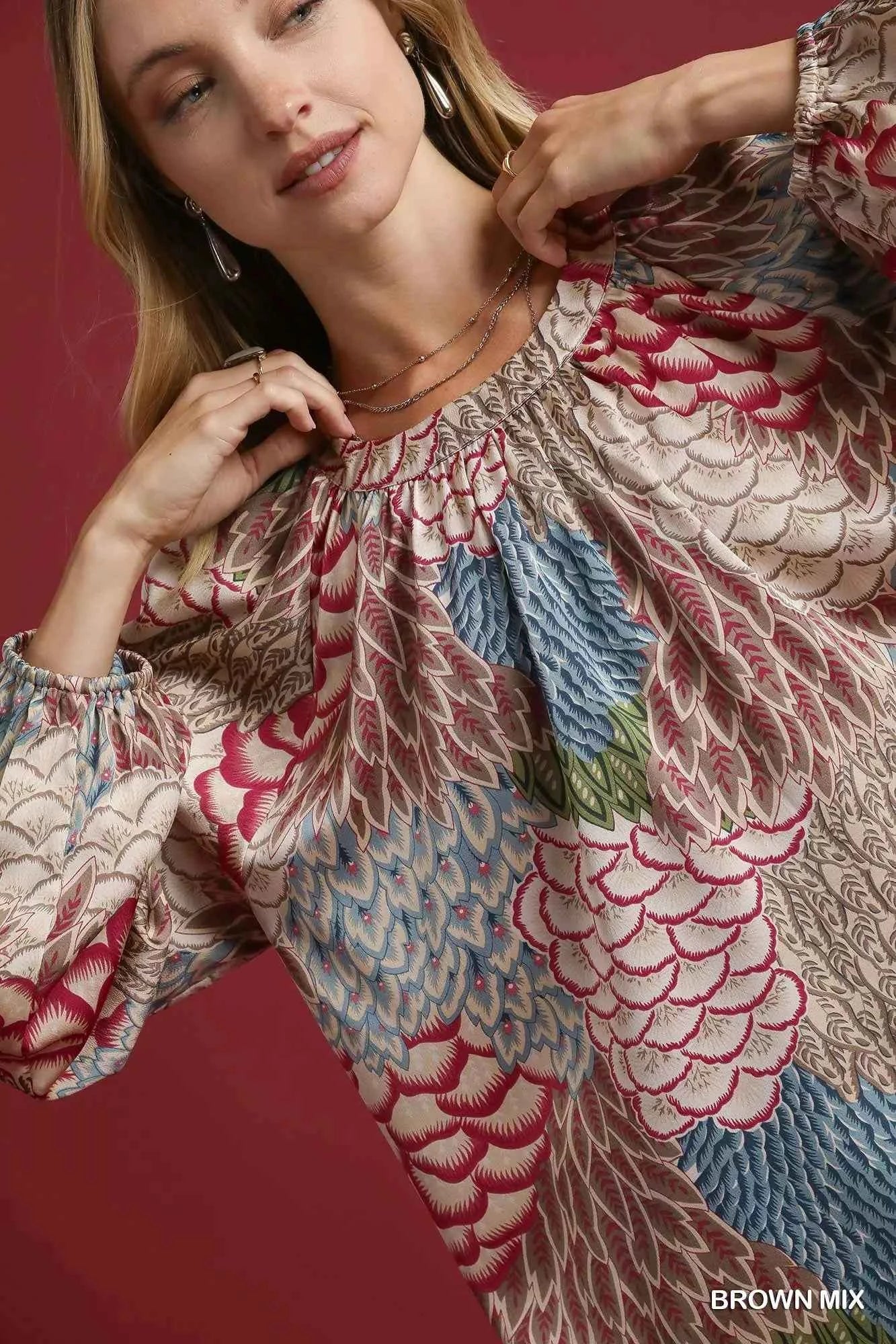 Umgee Boho Feather Print Peasant Blouse b7765c54-4c6f-42ae-920e-09259aa5c6c2-Max-Origin
