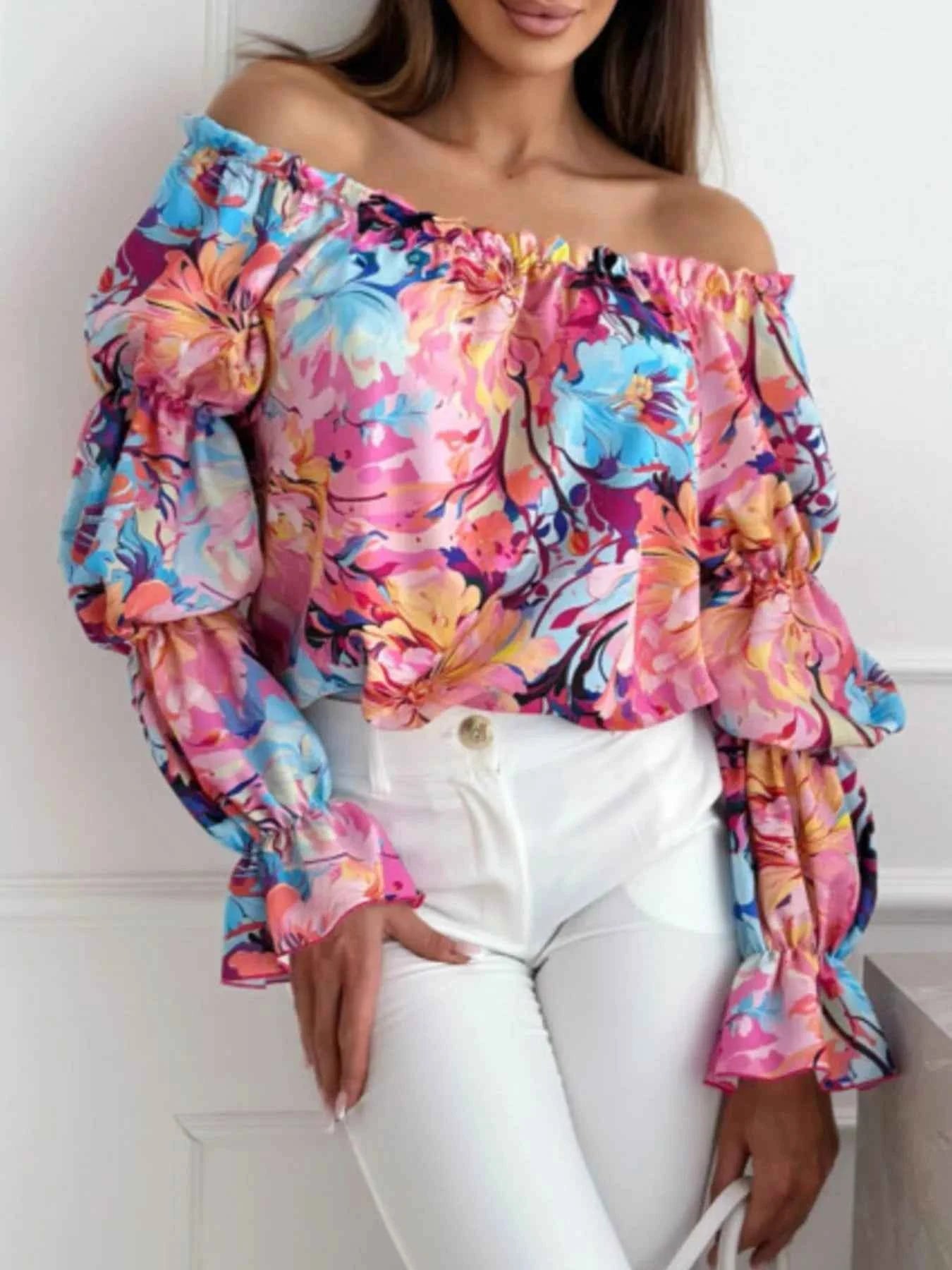 Off-Shoulder Floral Ruffle Blouse with Elastic Neckline b7767fc2-d637-4f12-8495-4a859b6ced23-Max-Origin