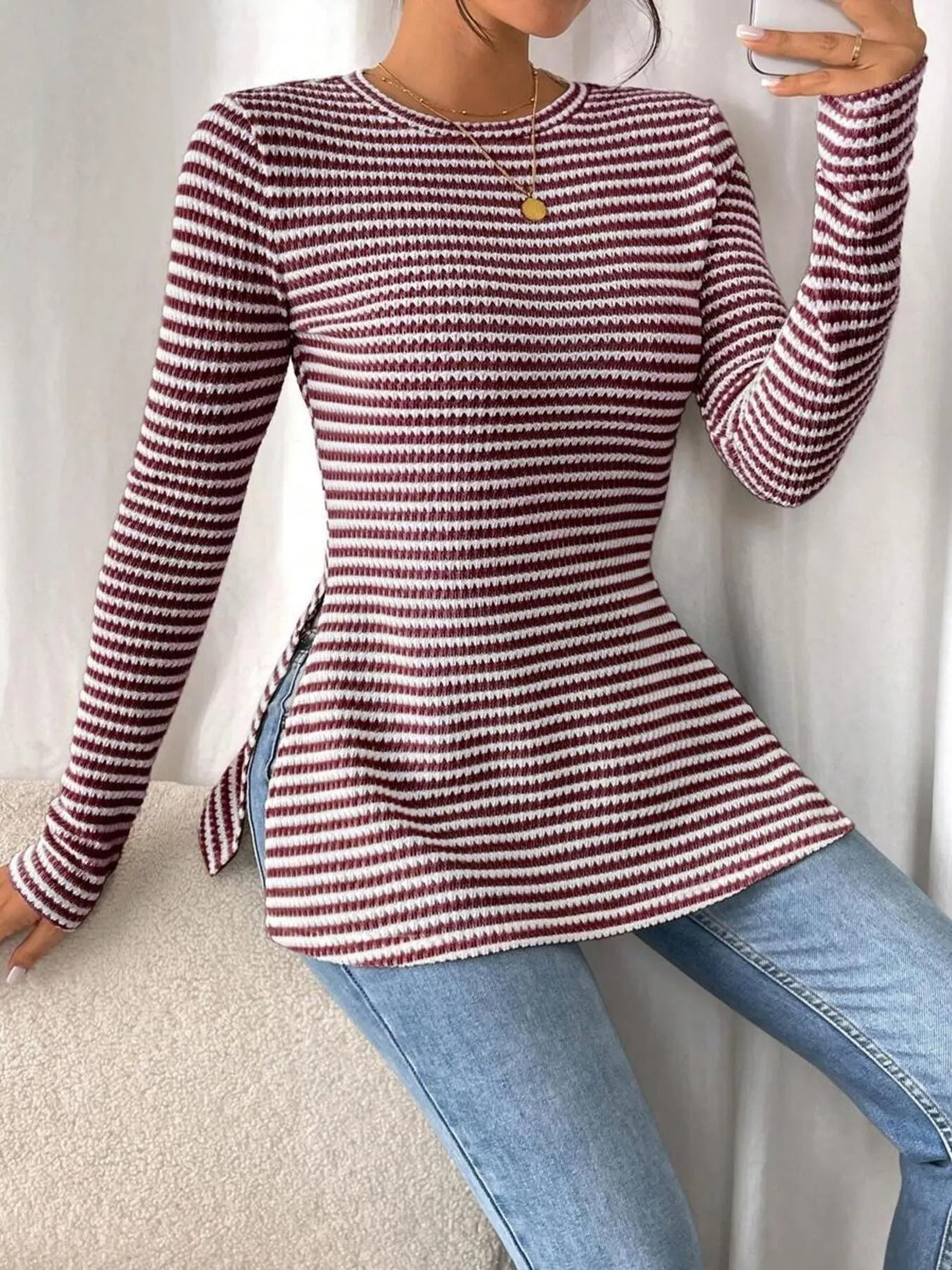 Side Slit Striped Long Sleeve T-Shirt b78dc7a438834f8d956e17f2b8464f48-Max-Origin
