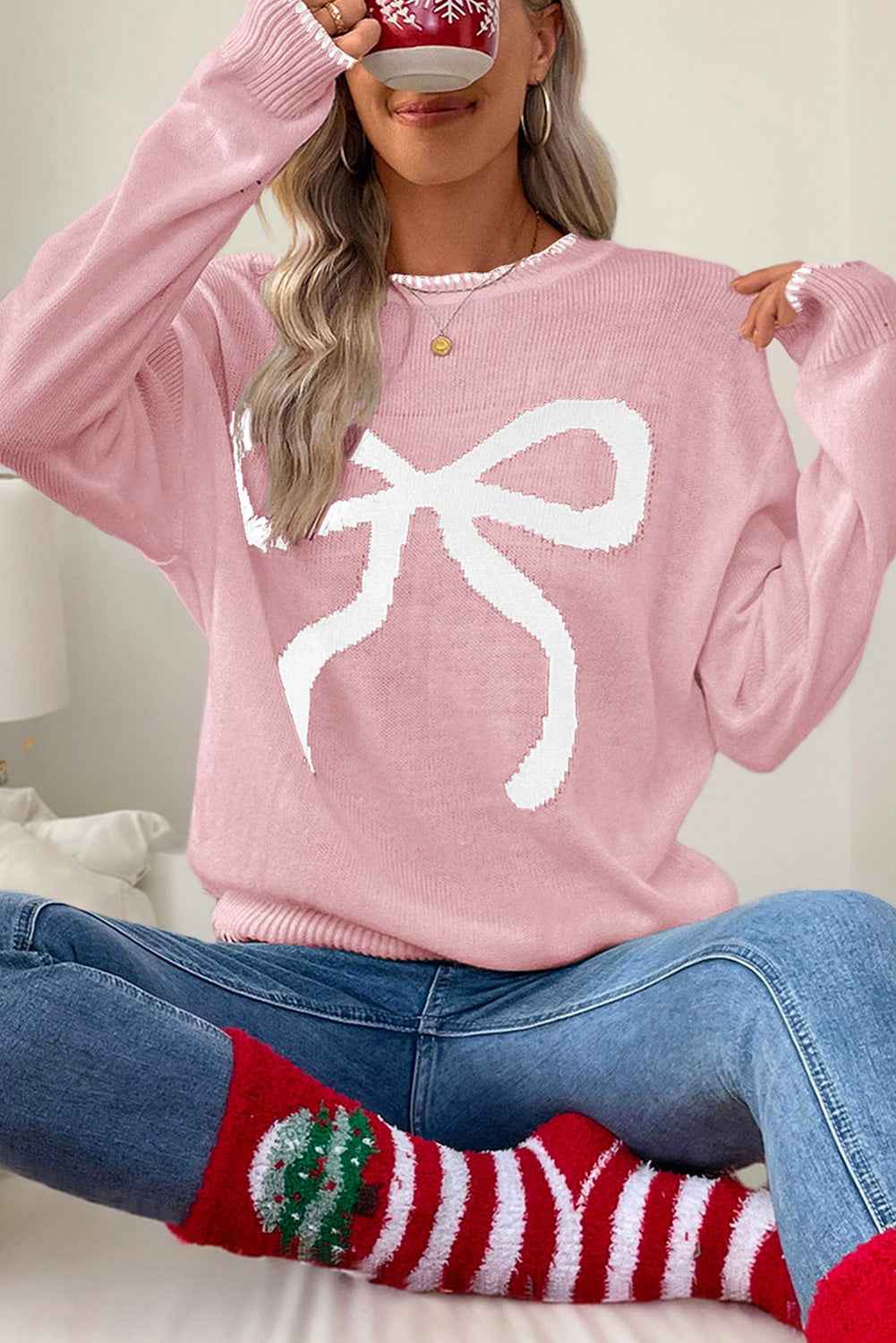 White Sweet Bow Long Sleeve Knit Sweater Pink 100%Acrylic b7f671a60460406a