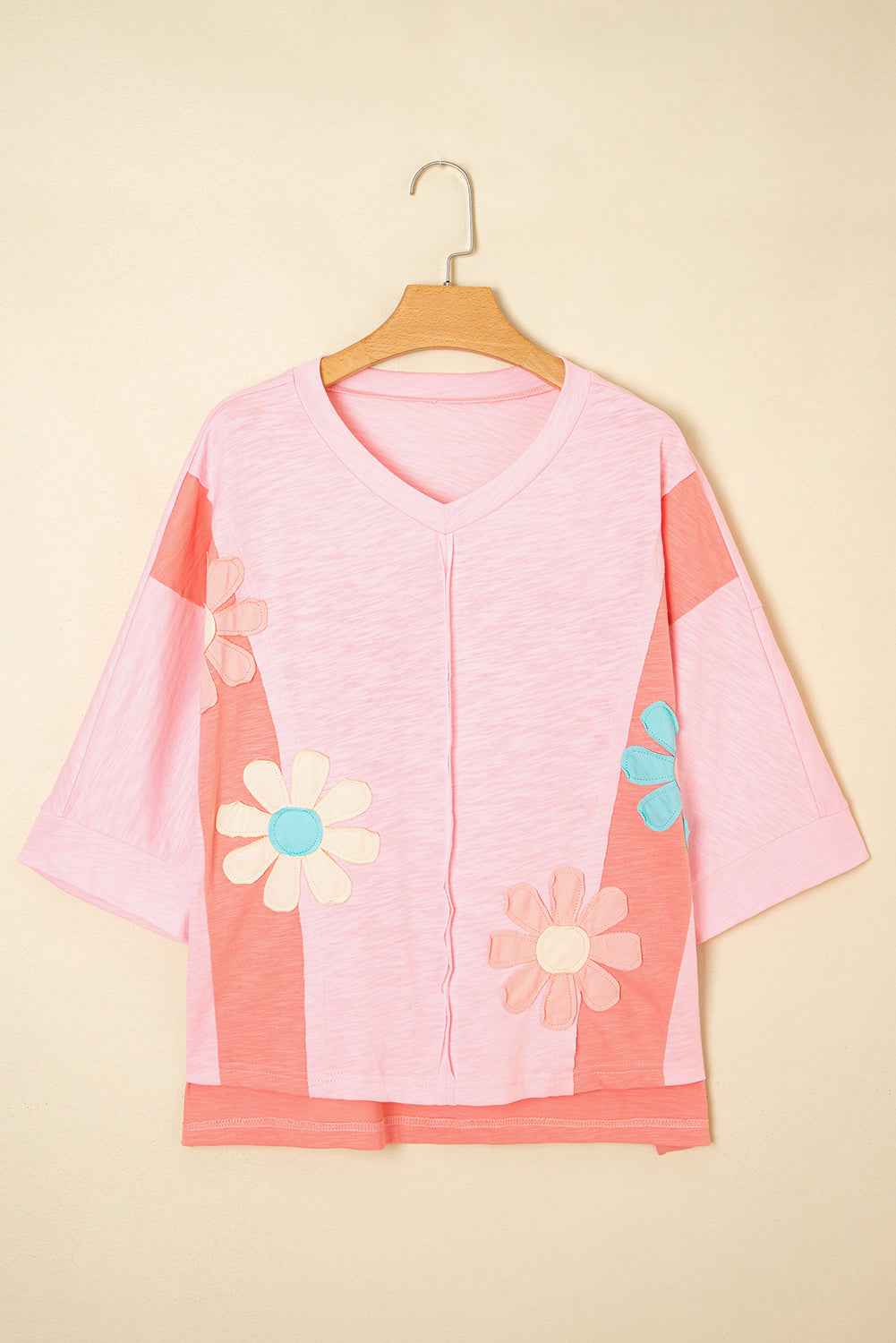 Light Blue Flower Patched Exposed Seam 3/4 Sleeve top b7fa59daef75a655